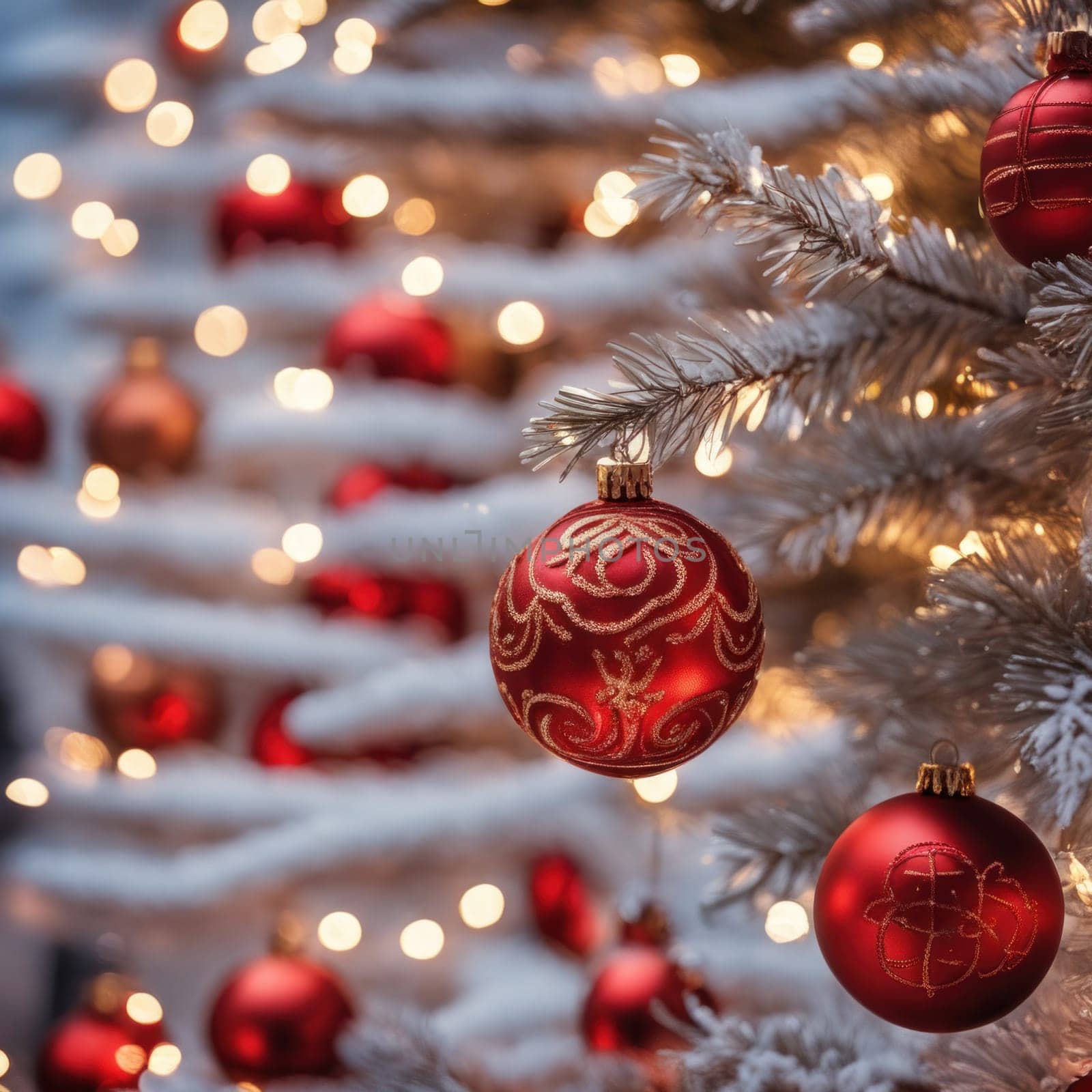 Close-UP of Christmas Tree, Red and Golden Ornaments against a Defocused Lights Background