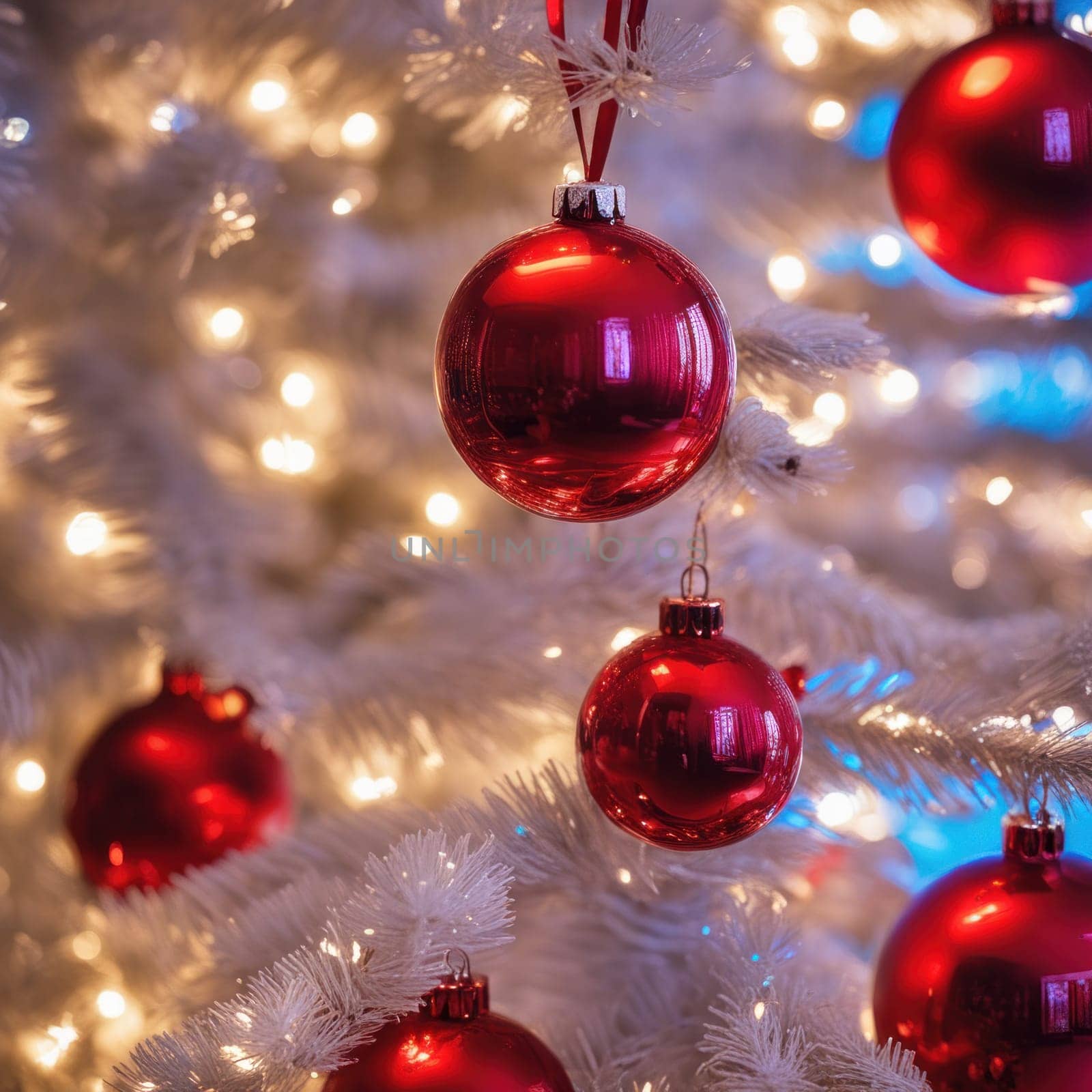 Close-UP of Christmas Tree, Red and Golden Ornaments against a Defocused Lights Background