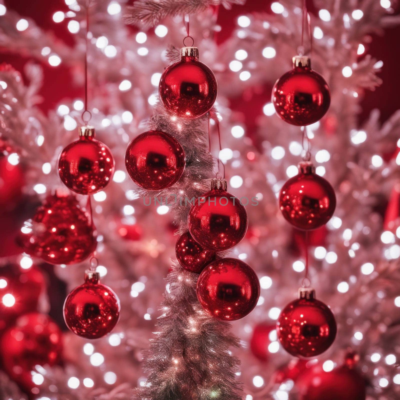 Close-UP of Christmas Tree, Red and Golden Ornaments against a Defocused Lights Background