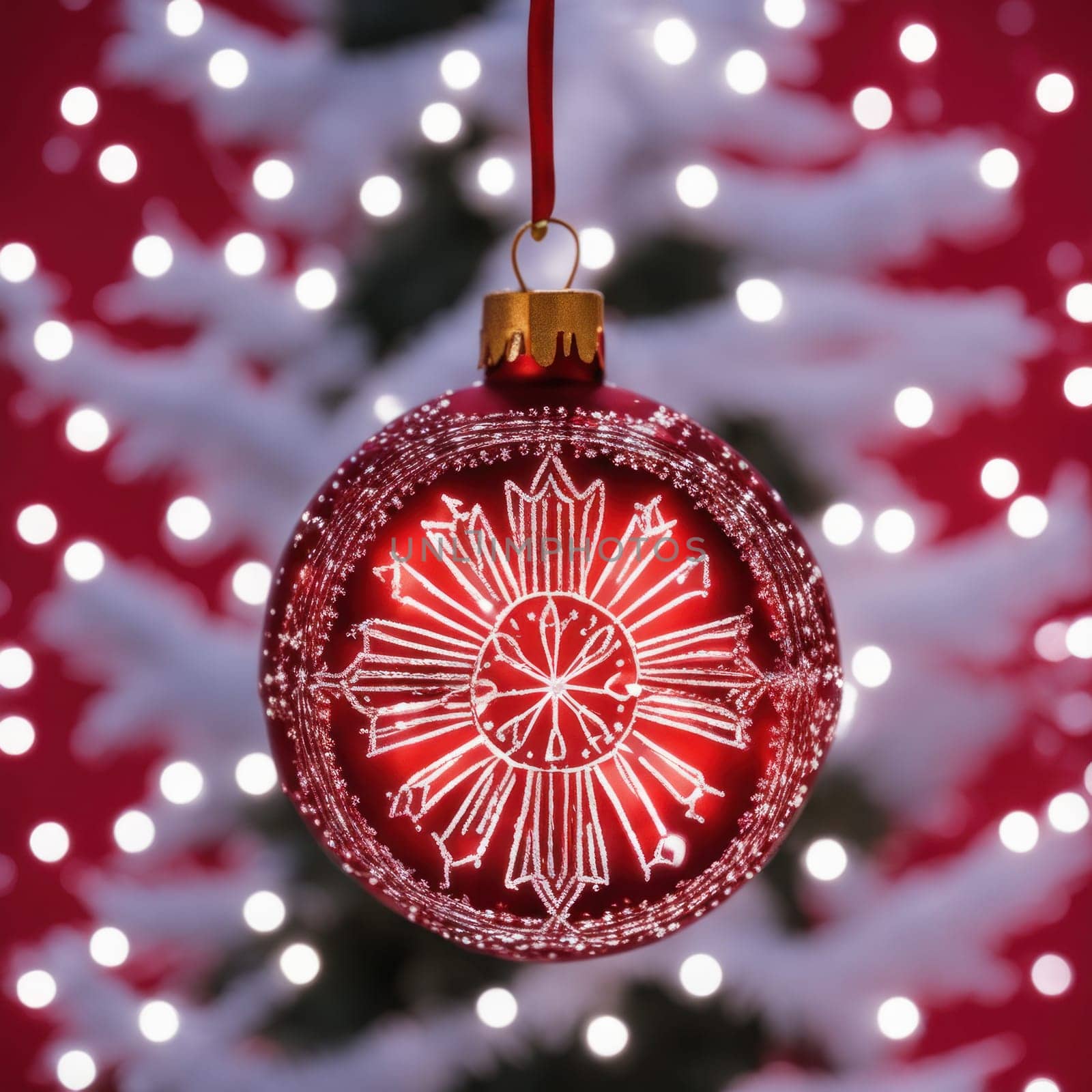 Close-UP of Christmas Tree, Red and Golden Ornaments against a Defocused Lights Background