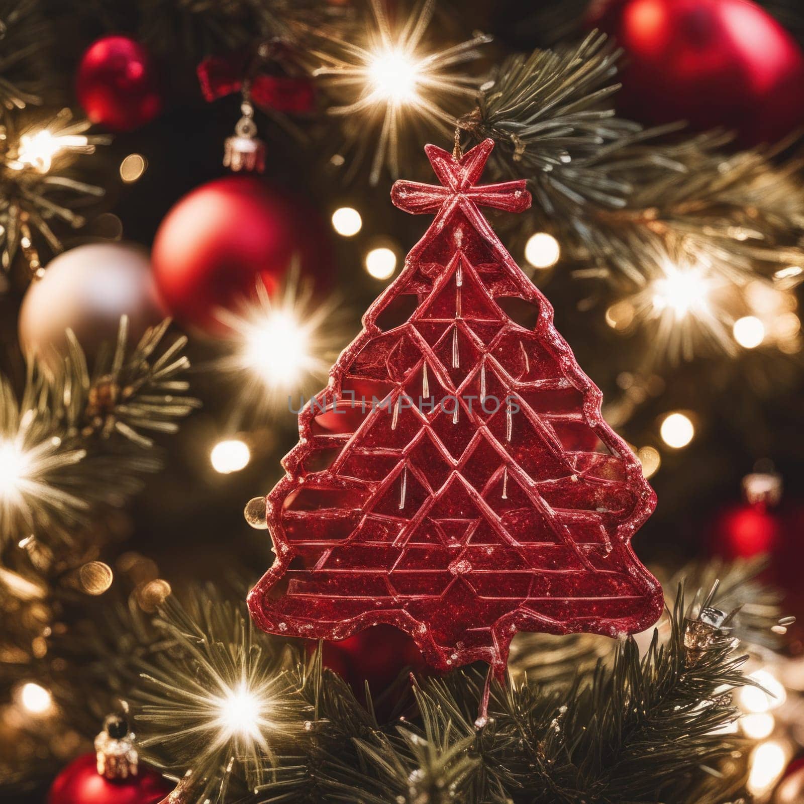 Close-UP of Christmas Tree, Red Ornaments against a Defocused Lights Background by shaadjutt36