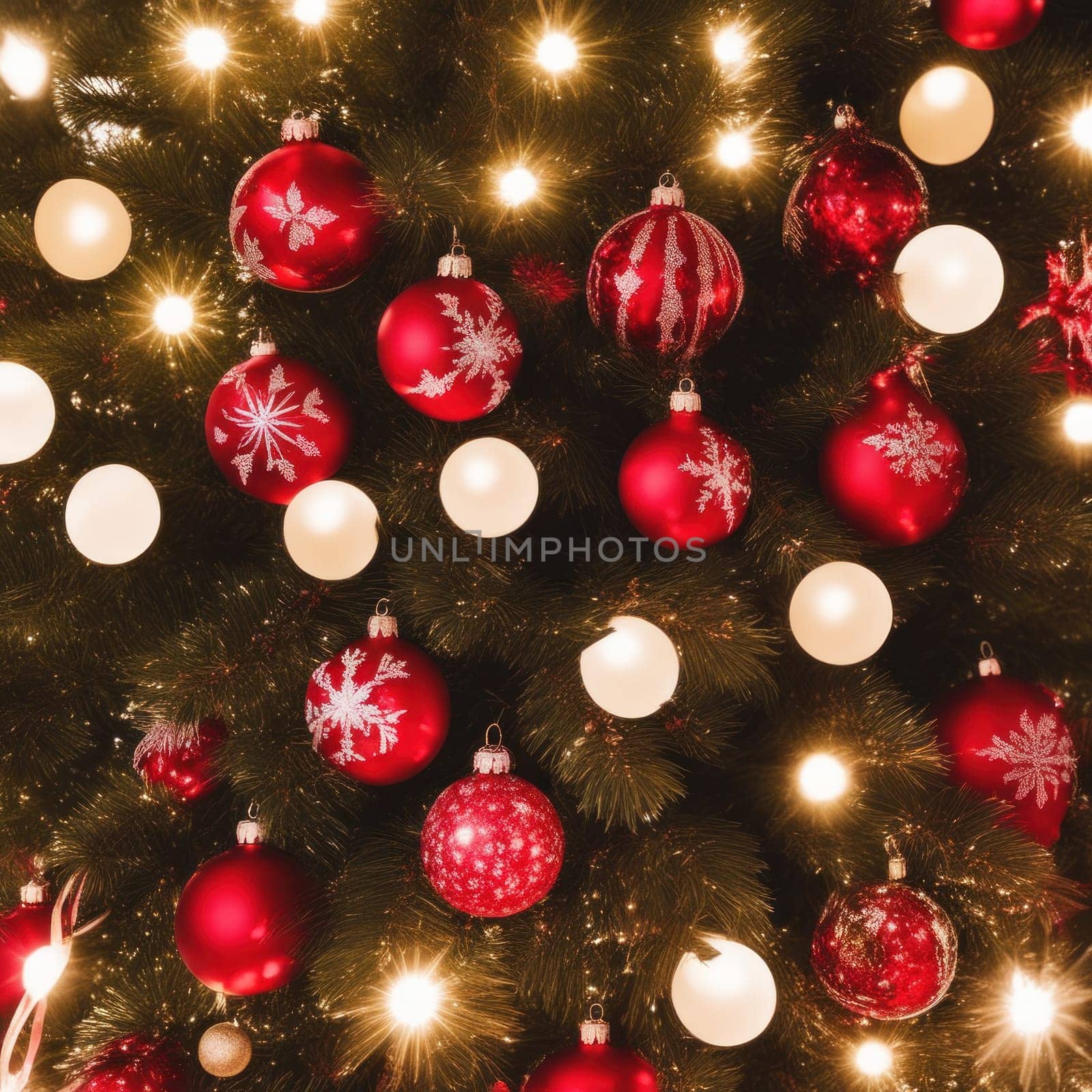 Close-UP of Christmas Tree, Red and Golden Ornaments against a Defocused Lights Background