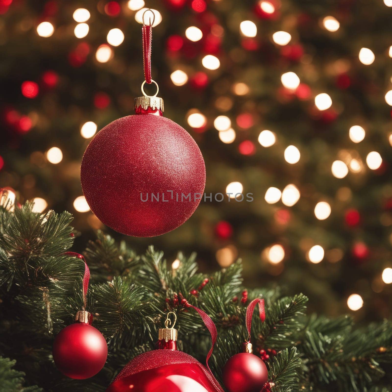 Close-UP of Christmas Tree, Red and Golden Ornaments against a Defocused Lights Background