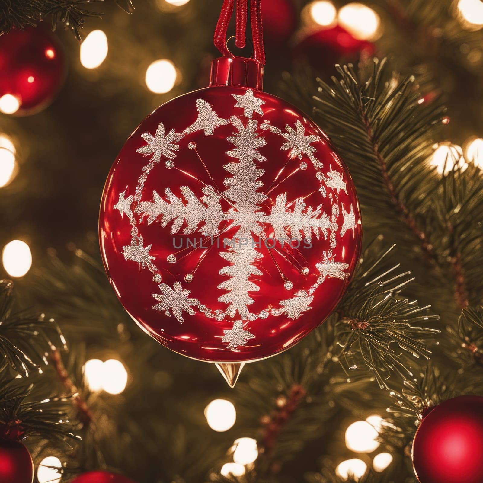 Close-UP of Christmas Tree, Red and Golden Ornaments against a Defocused Lights Background