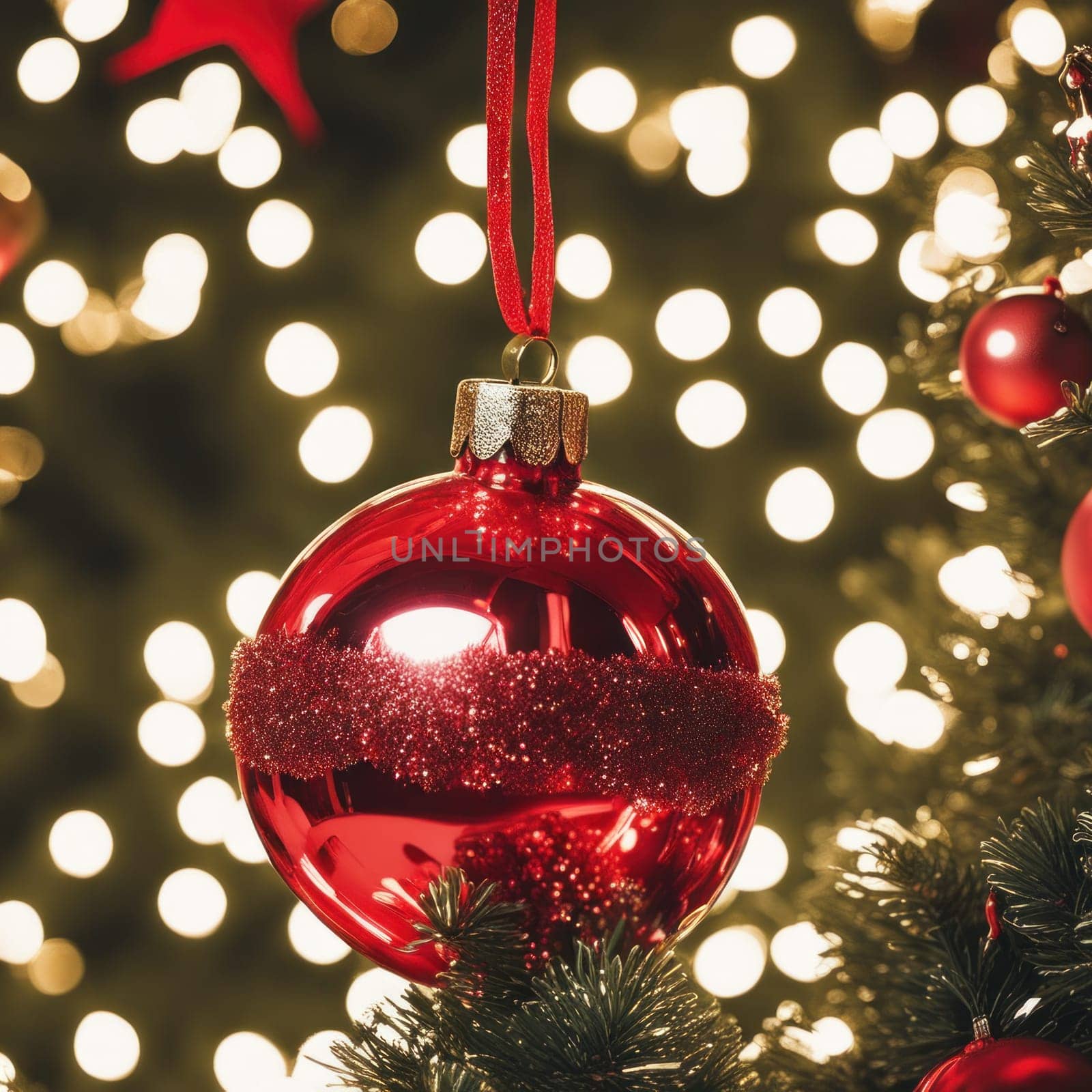 Close-UP of Christmas Tree, Red and Golden Ornaments against a Defocused Lights Background