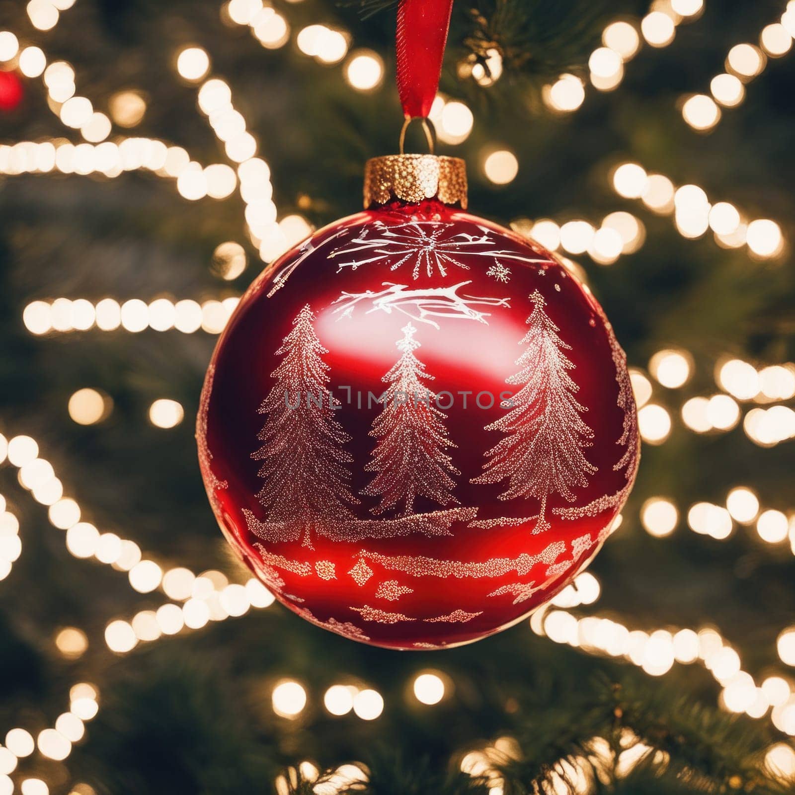 Close-UP of Christmas Tree, Red Ornaments against a Defocused Lights Background by shaadjutt36