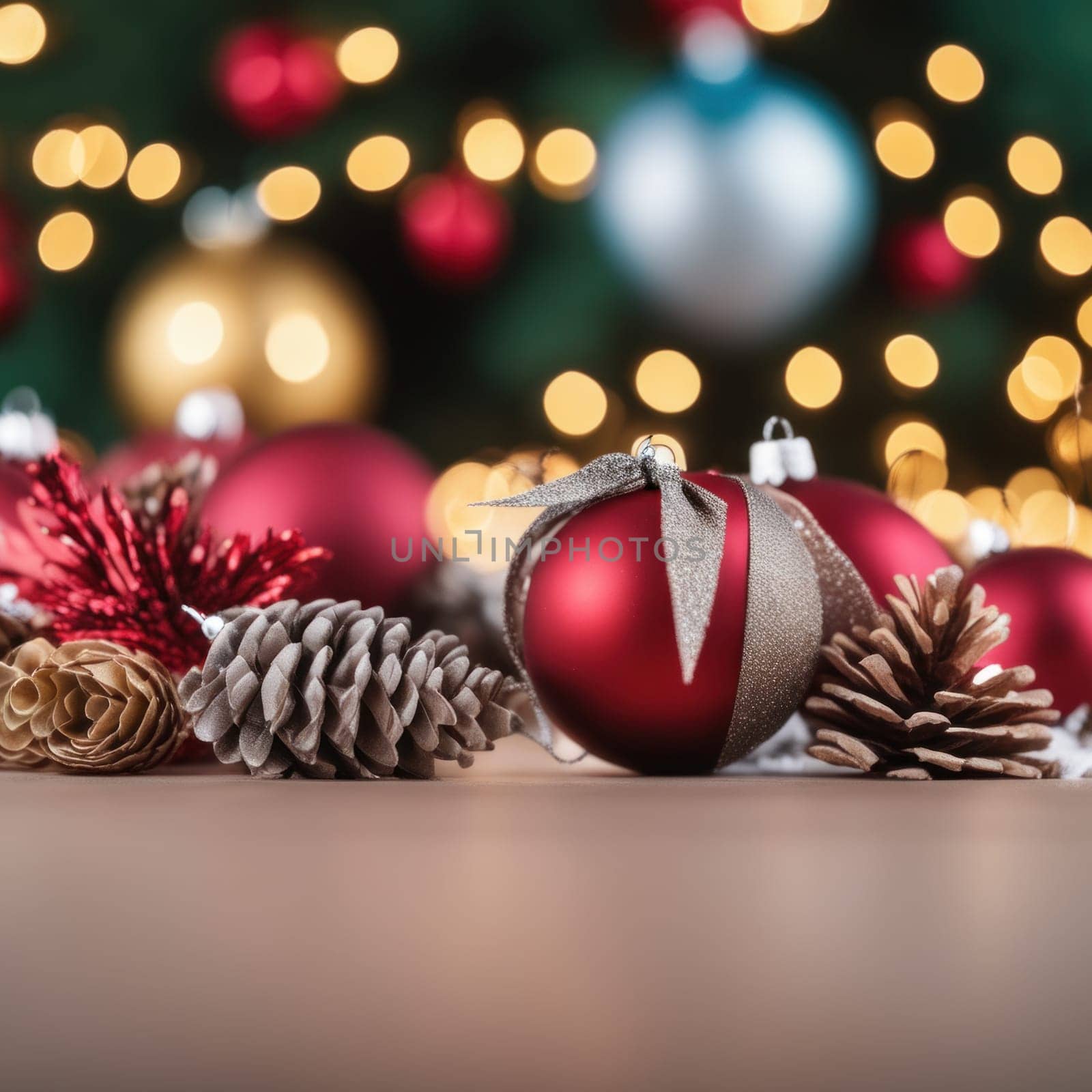 Close-UP of Christmas Tree, Red and Golden Ornaments against a Defocused Lights Background