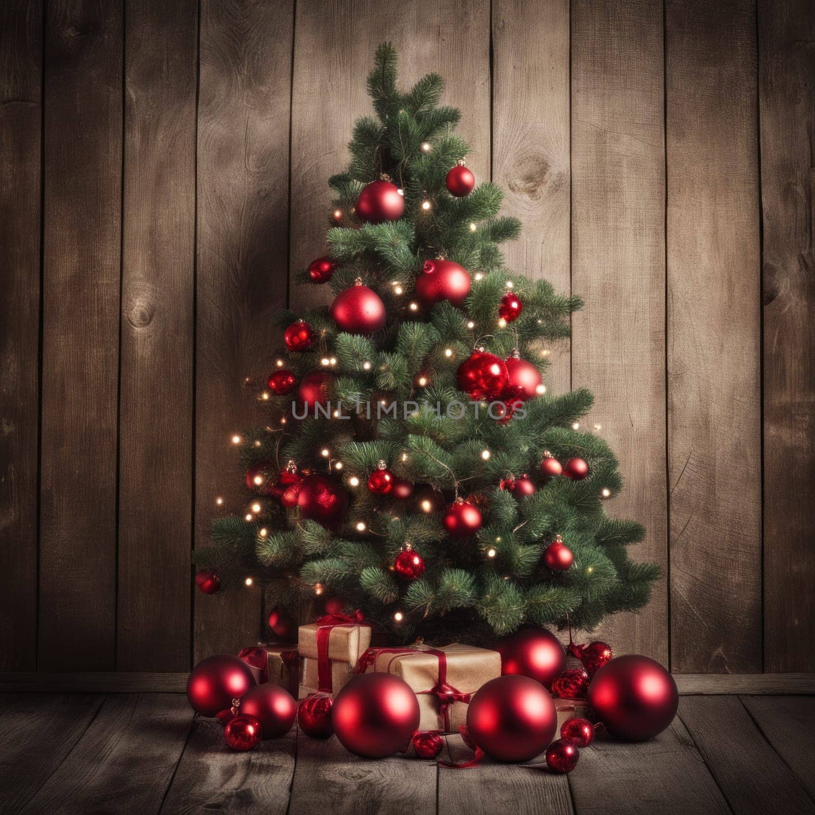 Close-UP of Christmas Tree, Red and Golden Ornaments against a Defocused Lights Background