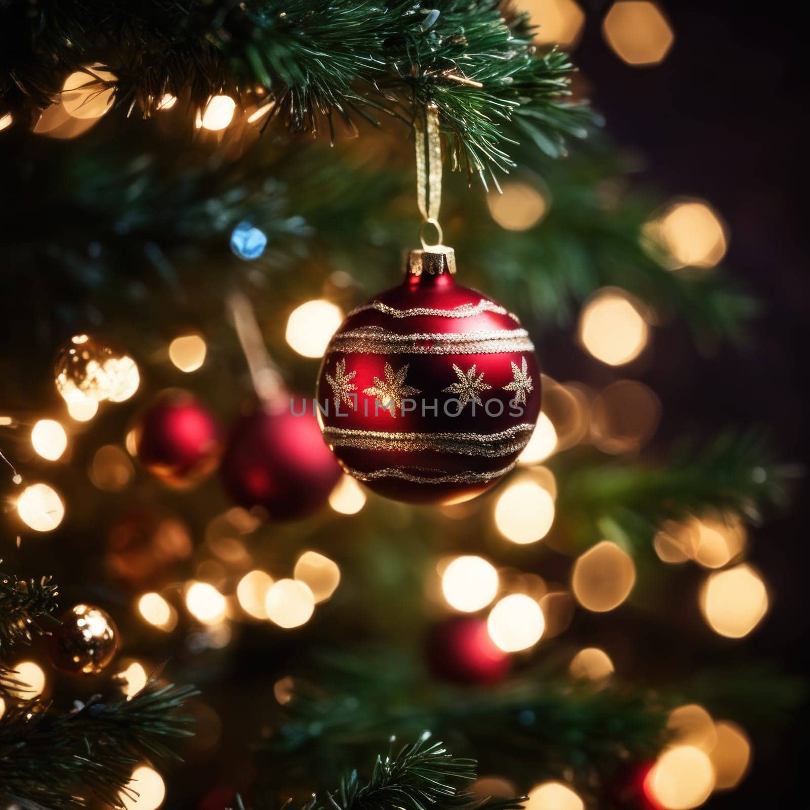 Close-UP of Christmas Tree, Red and Golden Ornaments against a Defocused Lights Background