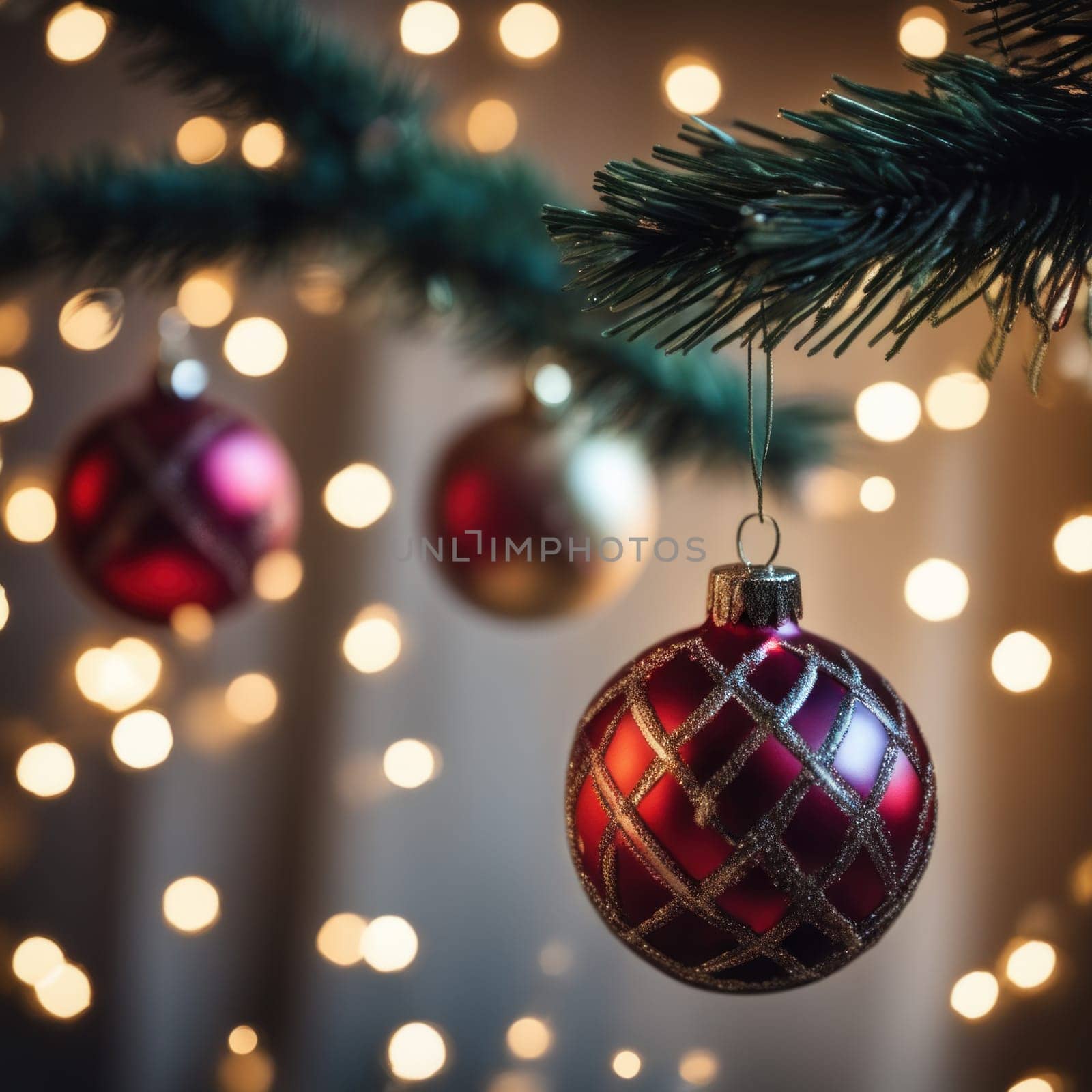 Close-UP of Christmas Tree, Red and Golden Ornaments against a Defocused Lights Background