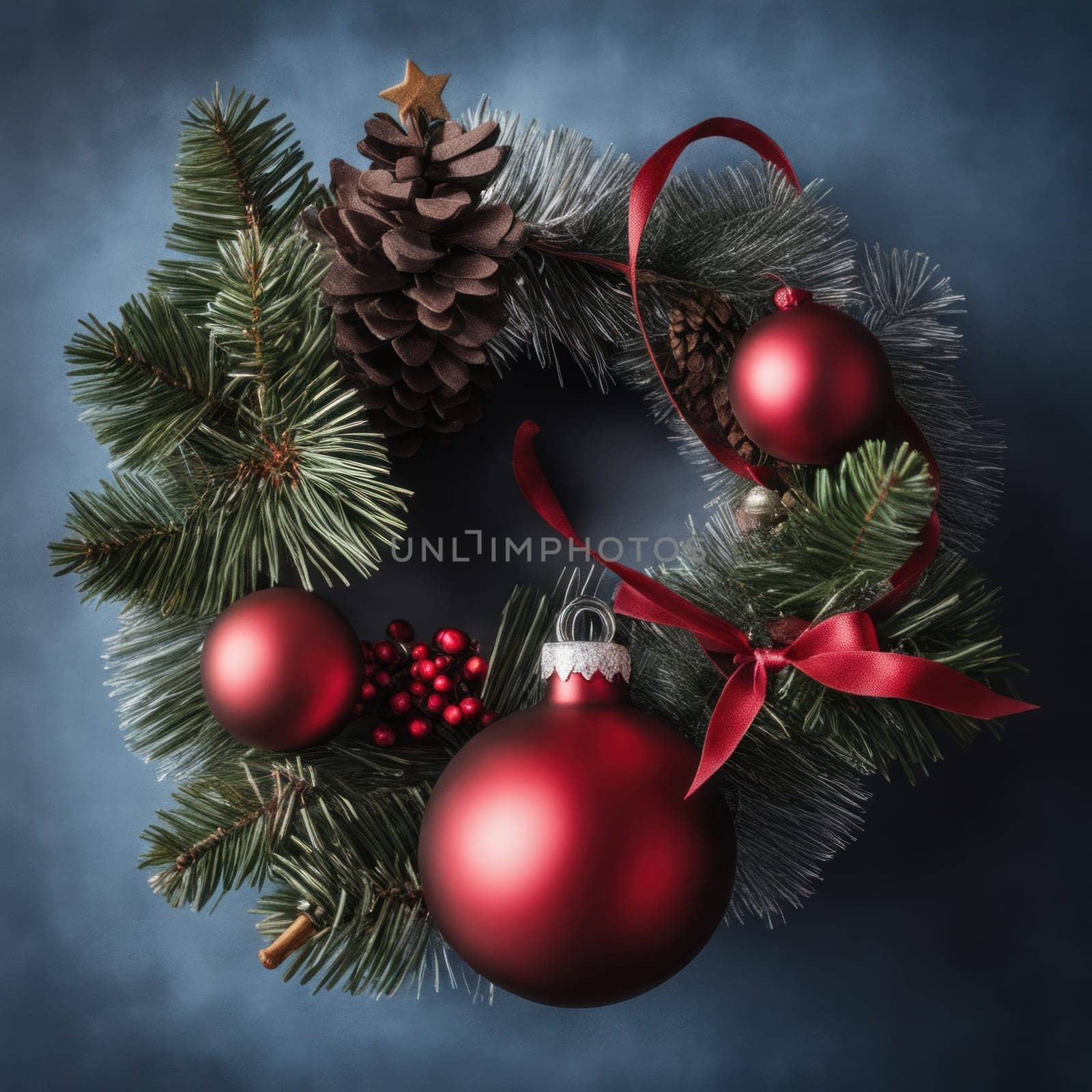 Close-UP of Christmas Tree, Red and Golden Ornaments against a Defocused Lights Background