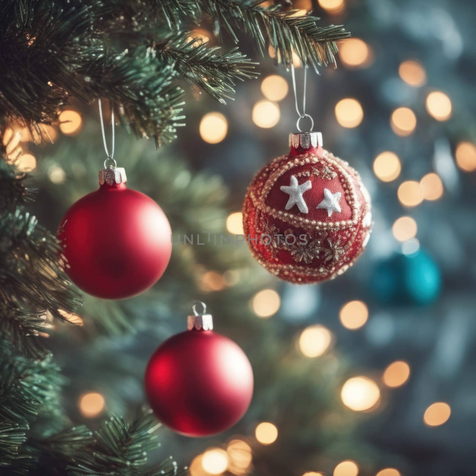 Close-UP of Christmas Tree, Red and Golden Ornaments against a Defocused Lights Background