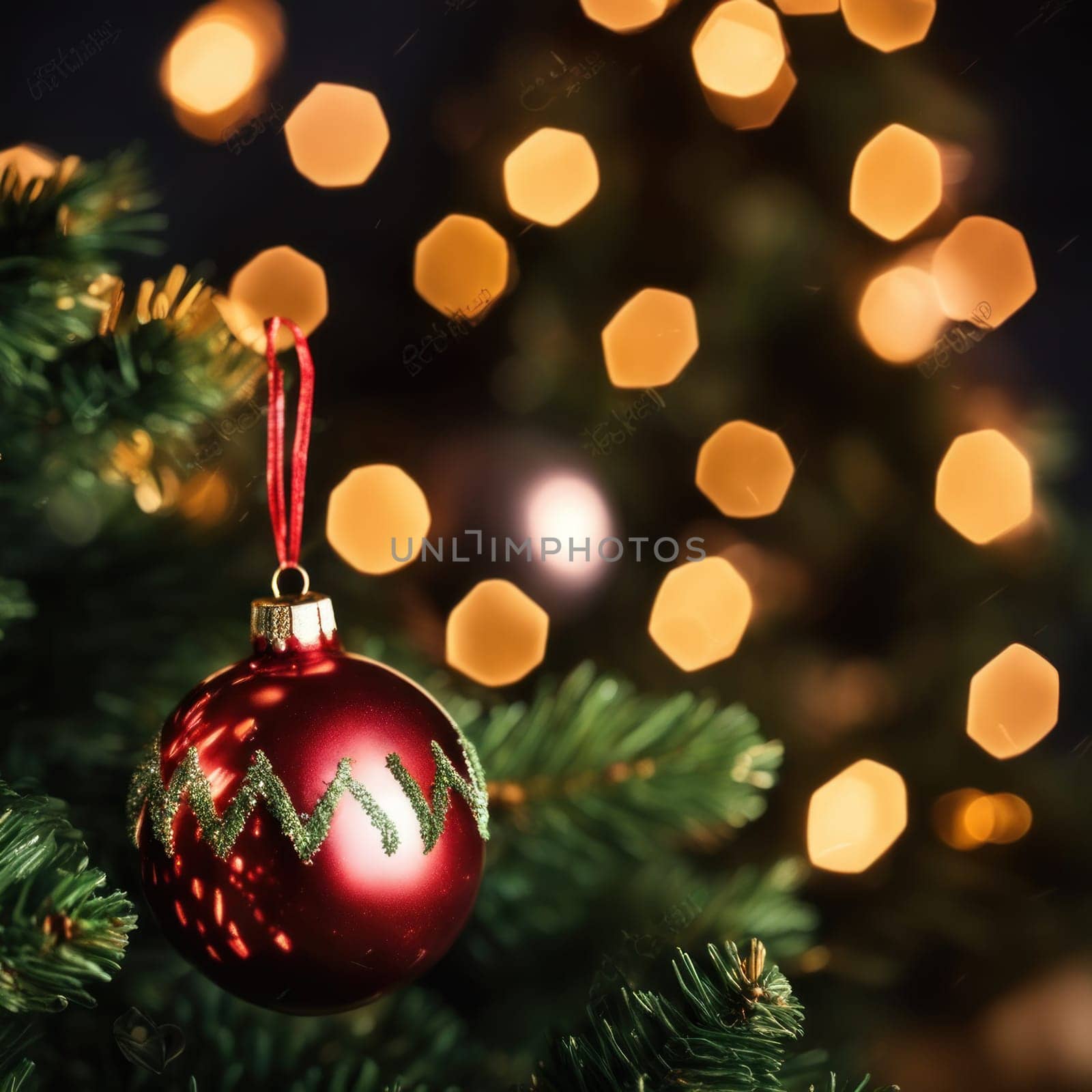 Close-UP of Christmas Tree, Red and Golden Ornaments against a Defocused Lights Background