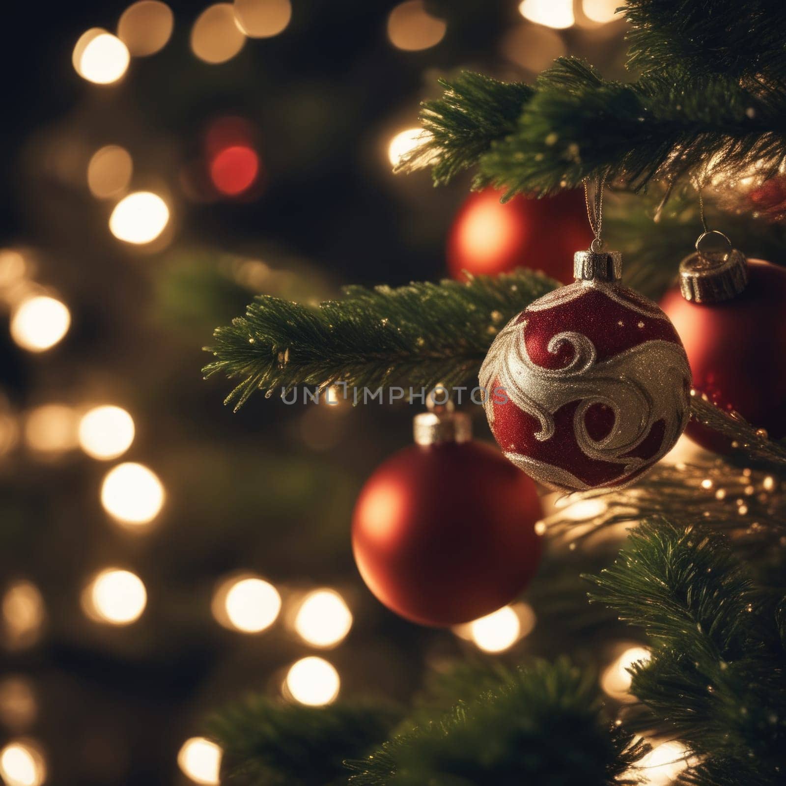 Close-UP of Christmas Tree, Red and Golden Ornaments against a Defocused Lights Background