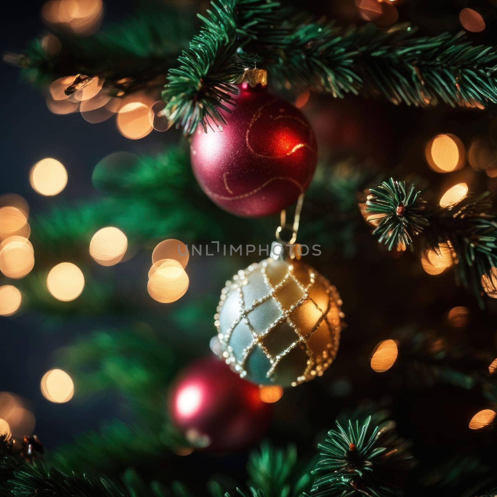 Close-UP of Christmas Tree, Red and Golden Ornaments against a Defocused Lights Background