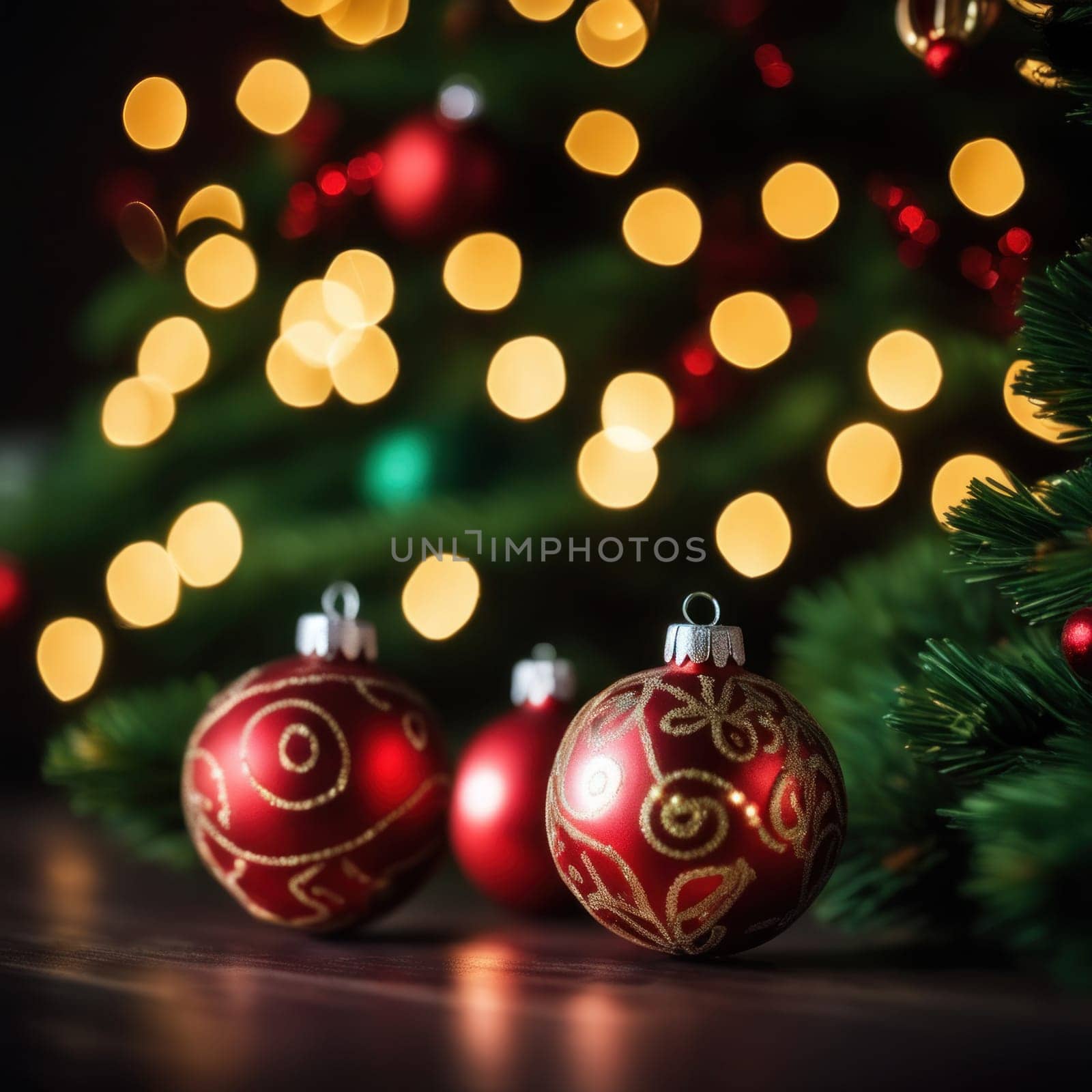 Close-UP of Christmas Tree, Red and Golden Ornaments against a Defocused Lights Background