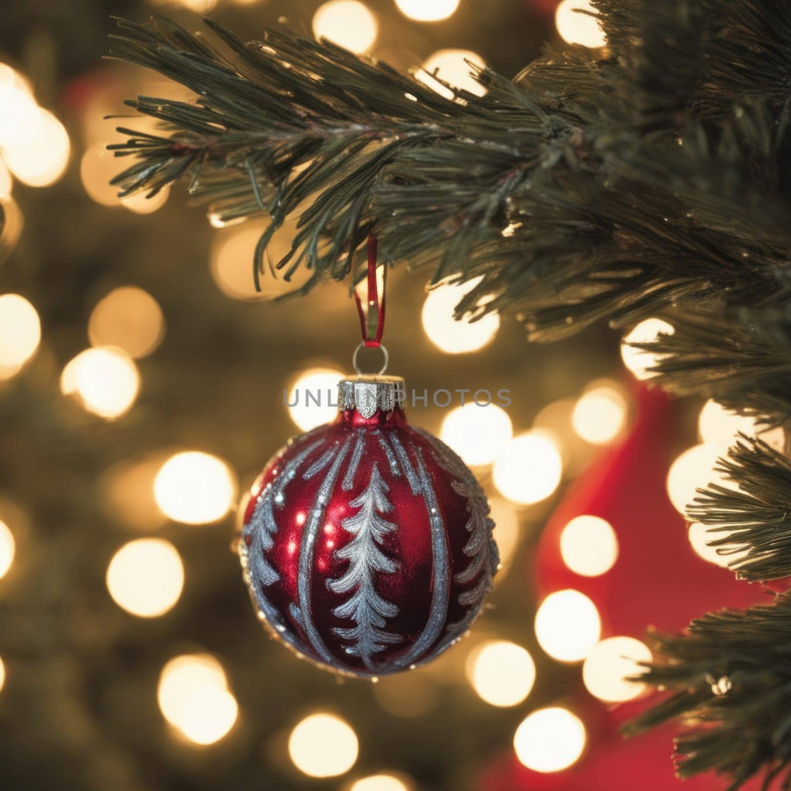 Close-UP of Christmas Tree, Red and Golden Ornaments against a Defocused Lights Background