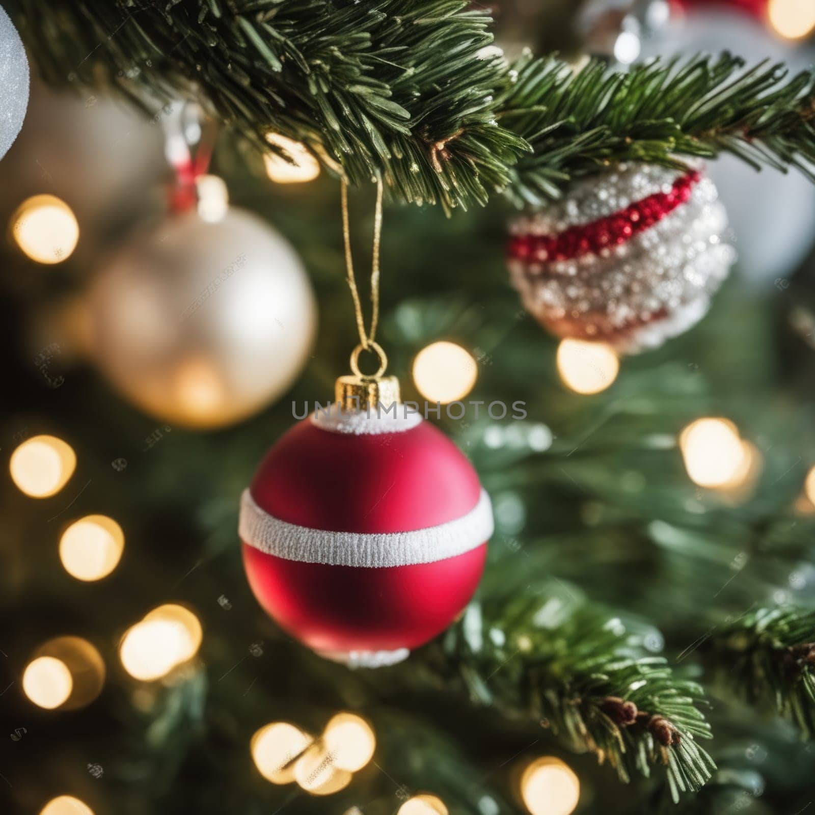 Close-UP of Christmas Tree, Red and Golden Ornaments against a Defocused Lights Background