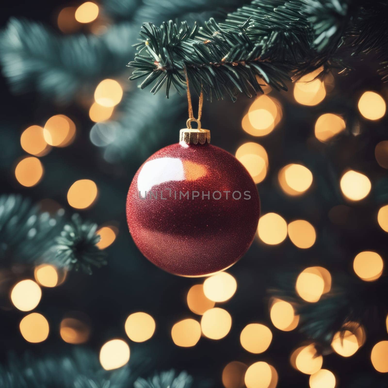 Close-UP of Christmas Tree, Red and Golden Ornaments against a Defocused Lights Background