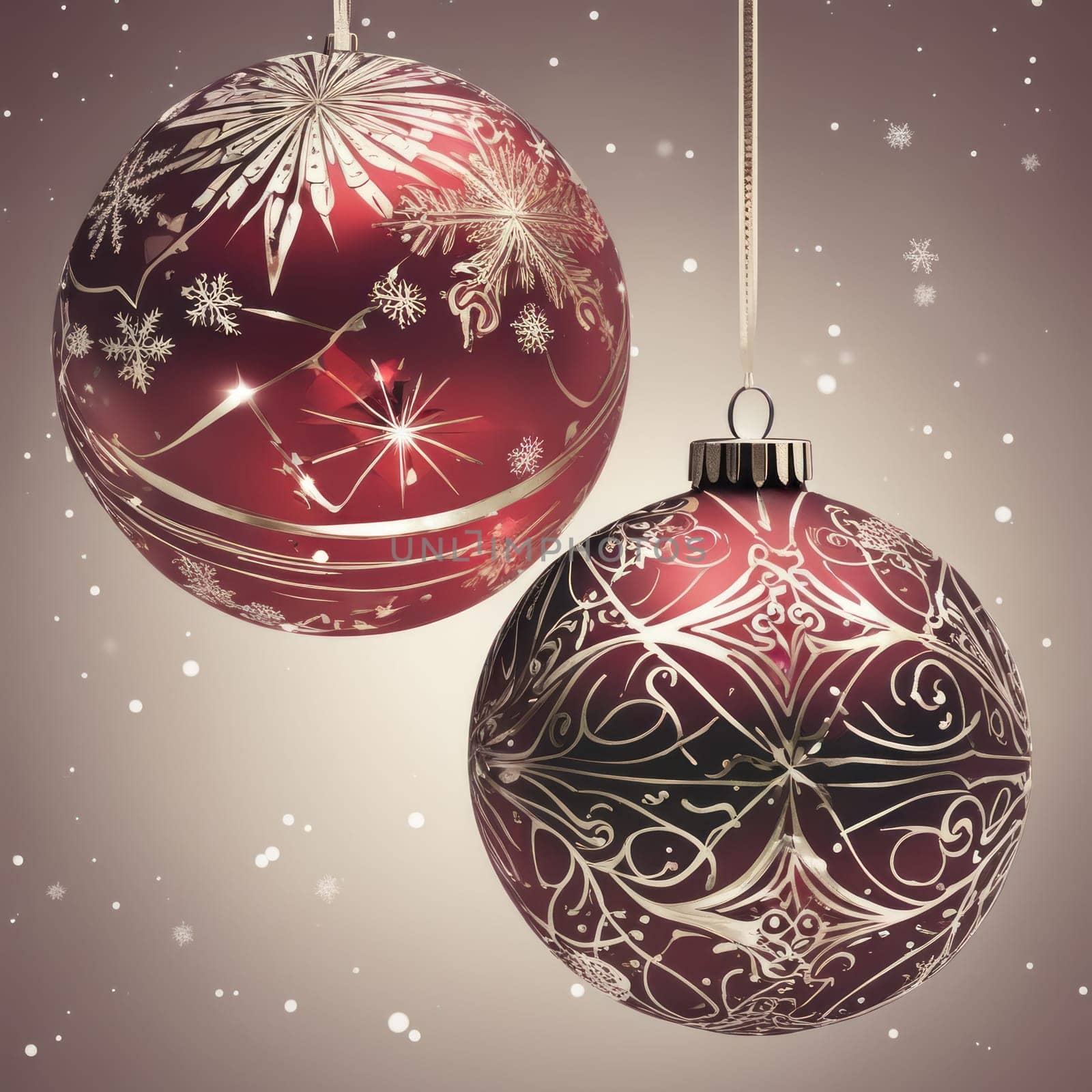 Close-UP of Christmas Tree, Red and Golden Ornaments against a Defocused Lights Background