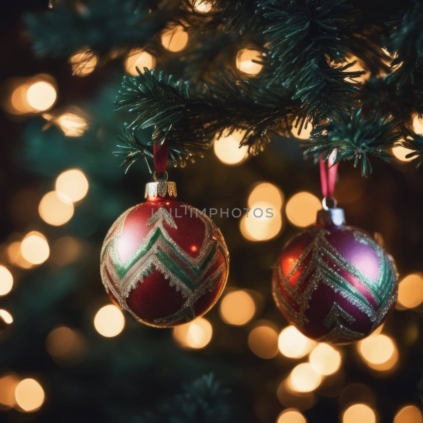 Close-UP of Christmas Tree, Red and Golden Ornaments against a Defocused Lights Background