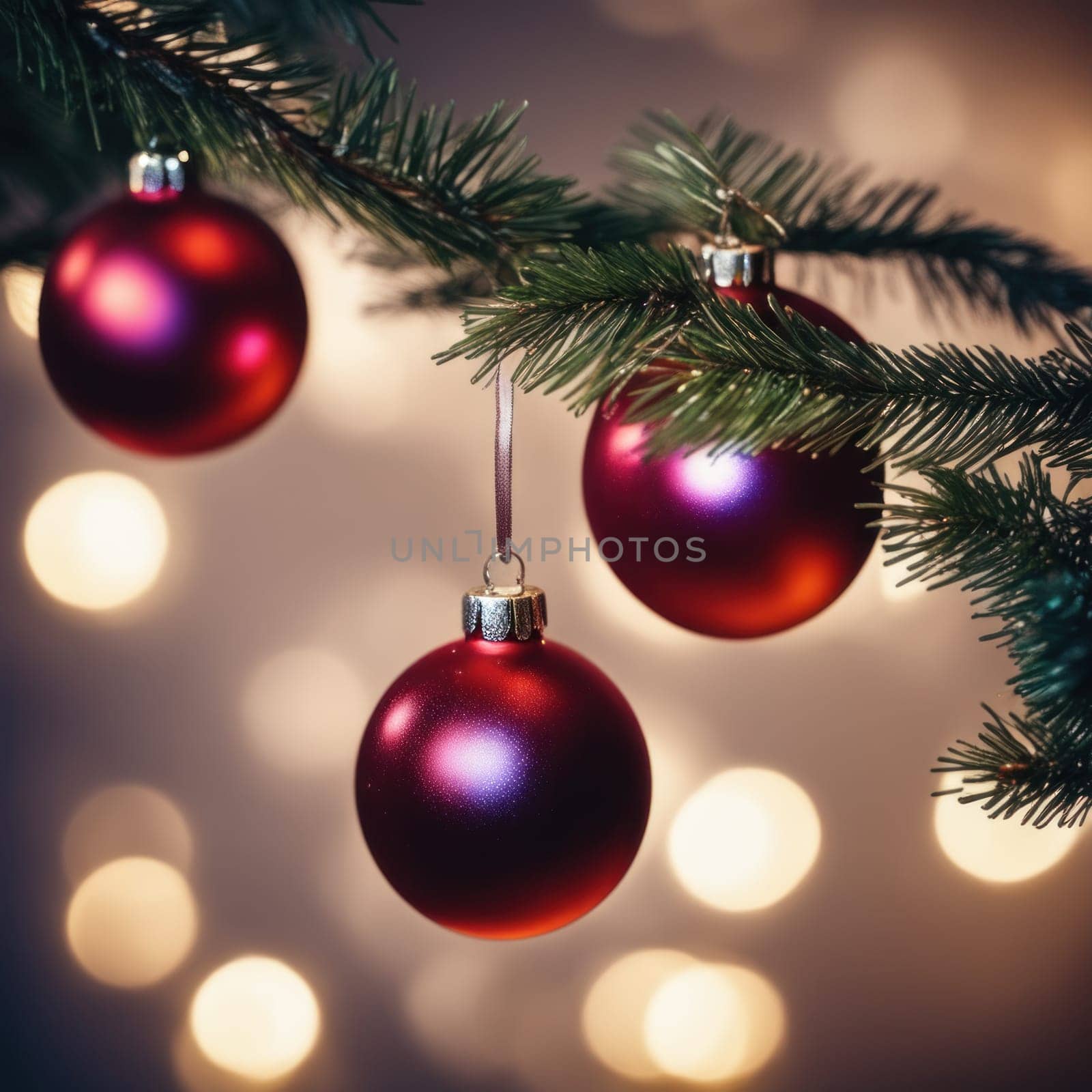 Close-UP of Christmas Tree, Red and Golden Ornaments against a Defocused Lights Background