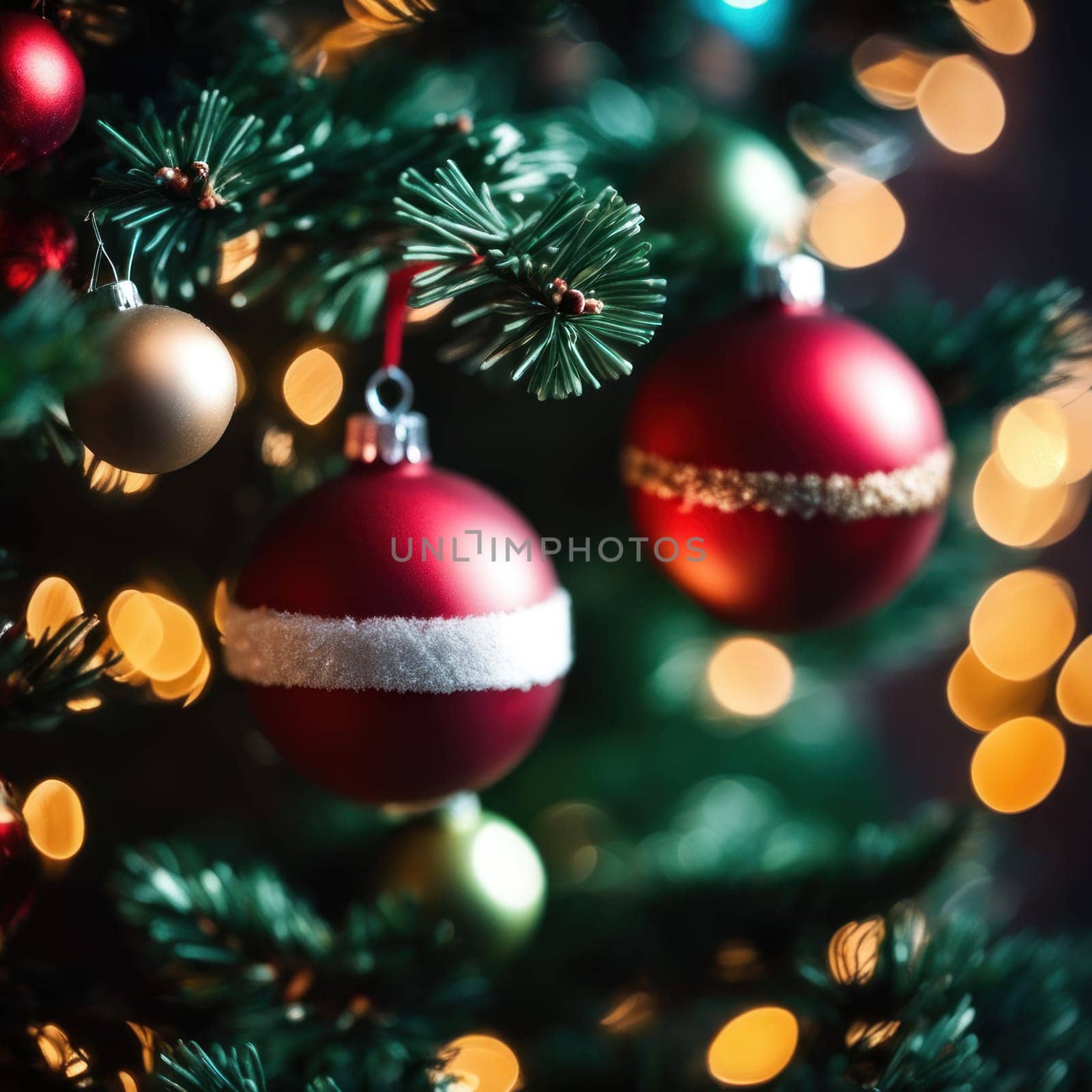 Close-UP of Christmas Tree, Red and Golden Ornaments against a Defocused Lights Background