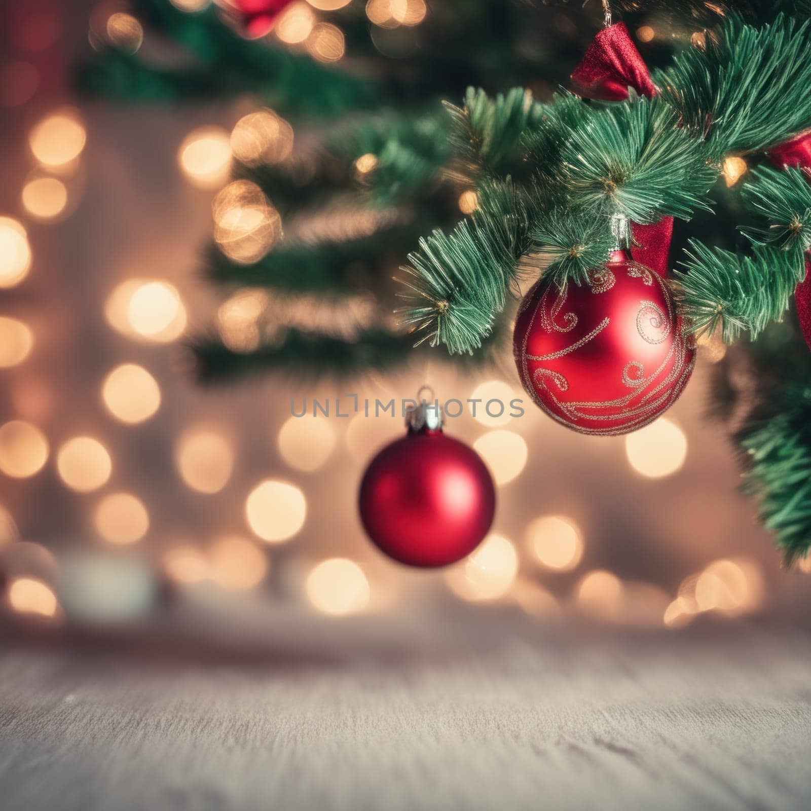 Close-UP of Christmas Tree, Red and Golden Ornaments against a Defocused Lights Background