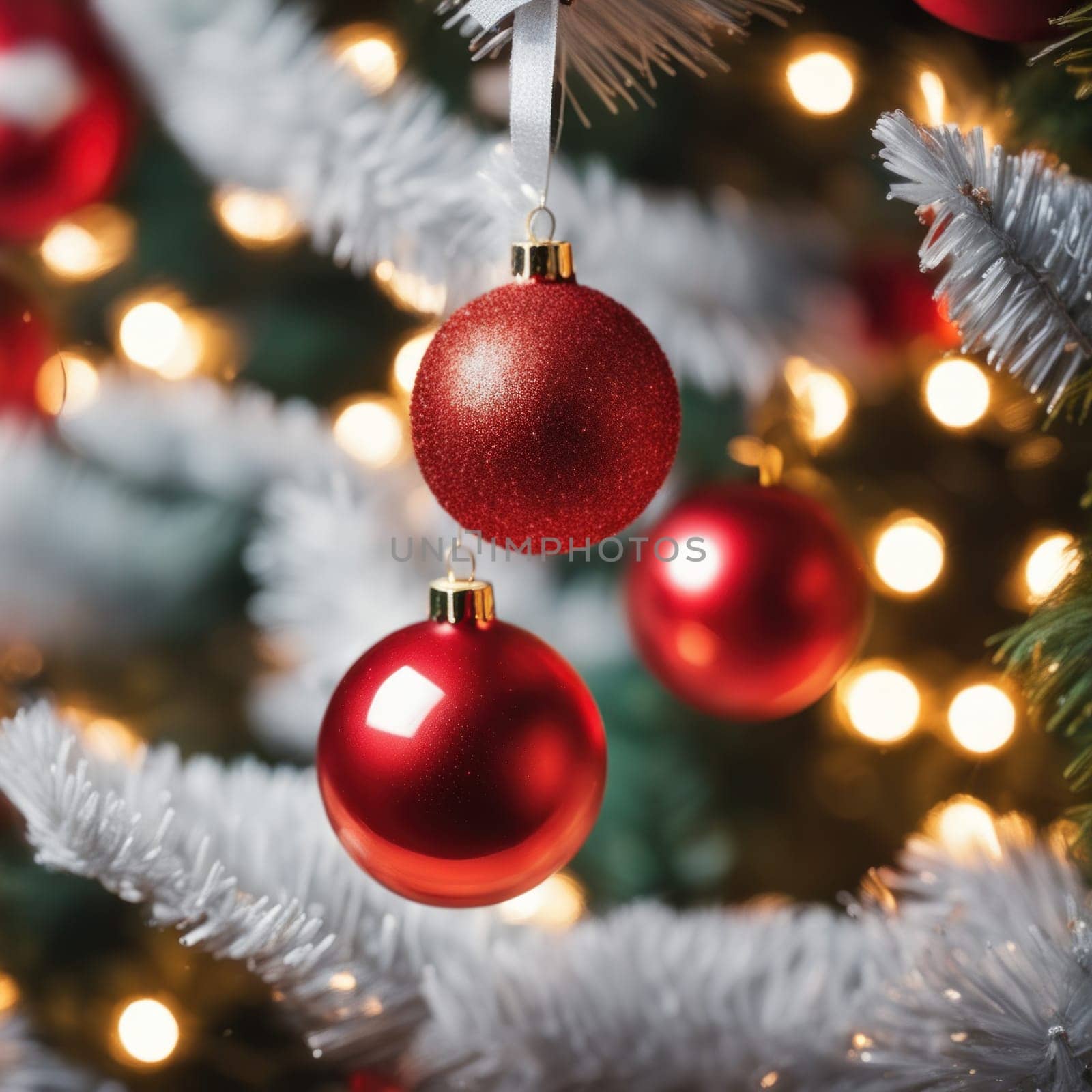 Close-UP of Christmas Tree, Red and Golden Ornaments against a Defocused Lights Background