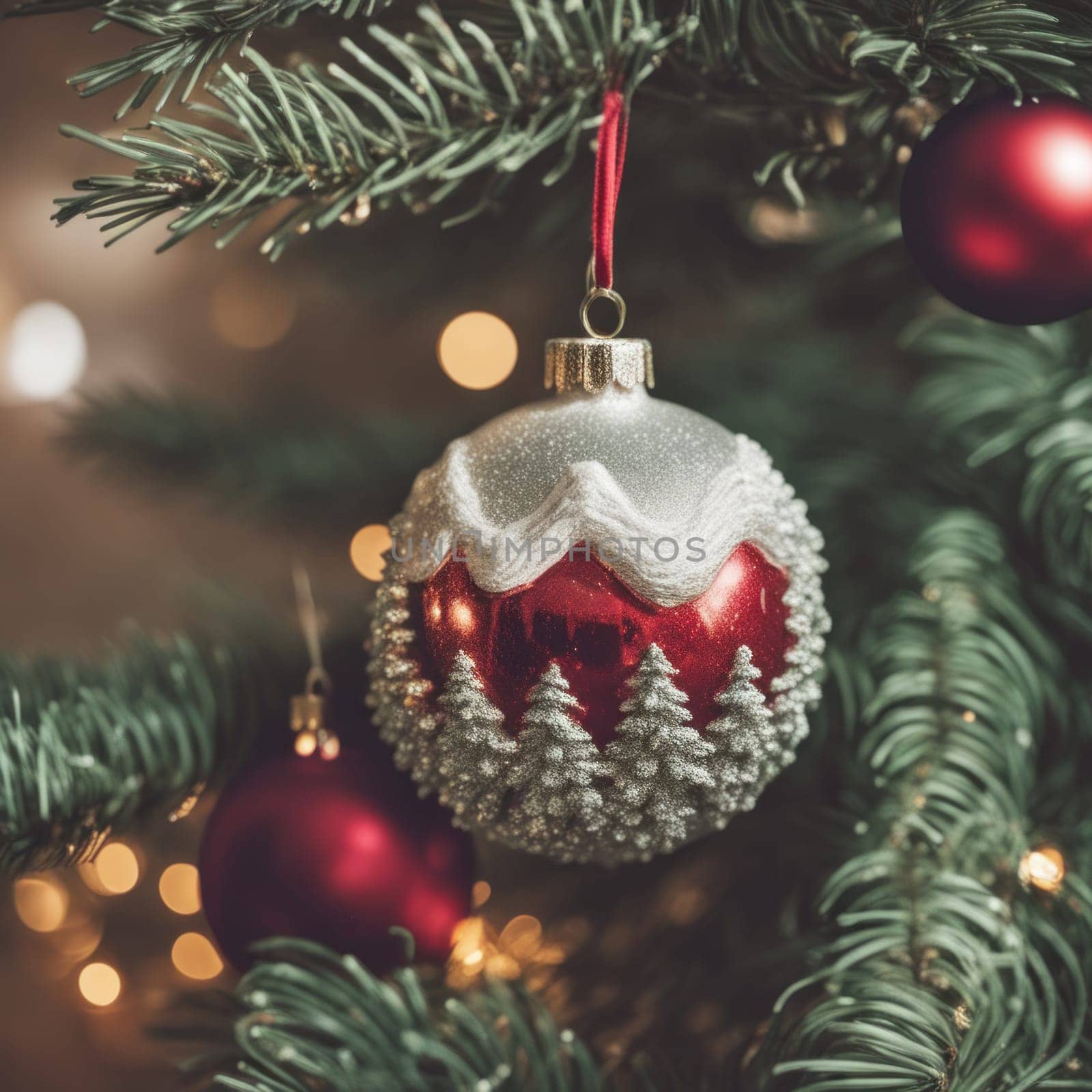 Close-UP of Christmas Tree, Red and Golden Ornaments against a Defocused Lights Background