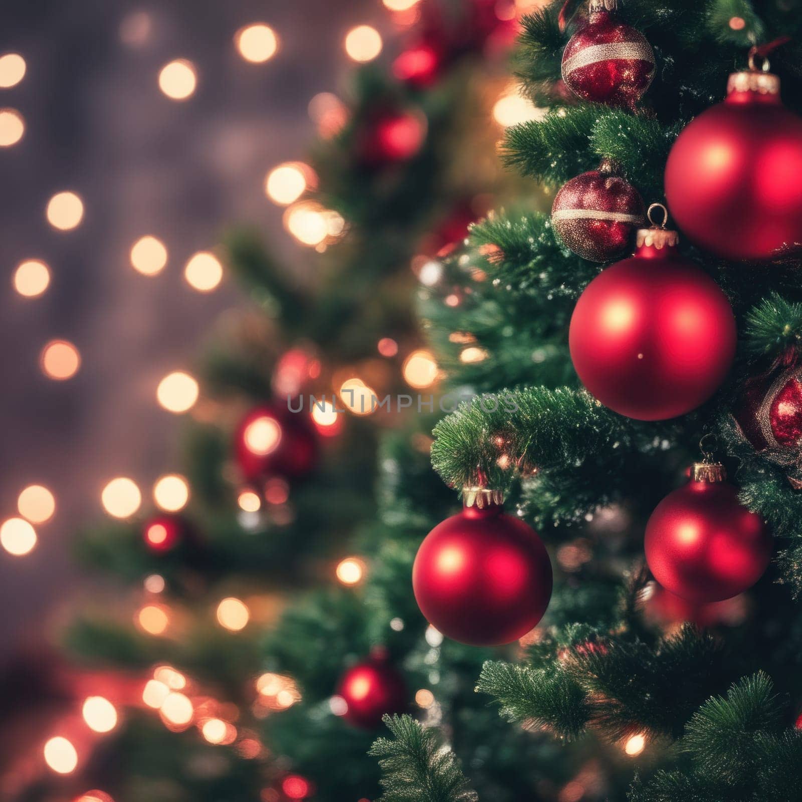 Close-UP of Christmas Tree, Red and Golden Ornaments against a Defocused Lights Background