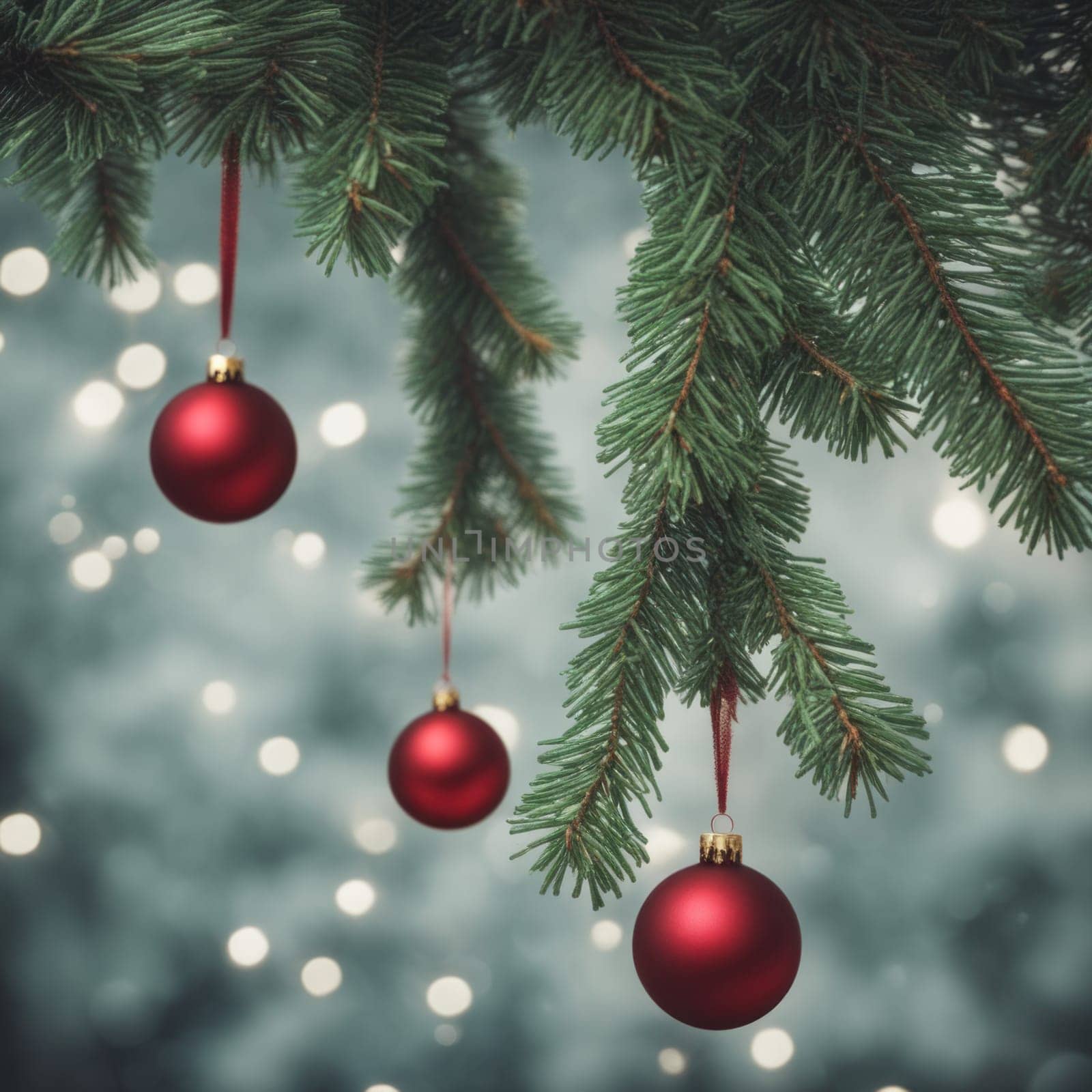 Close-UP of Christmas Tree, Red and Golden Ornaments against a Defocused Lights Background