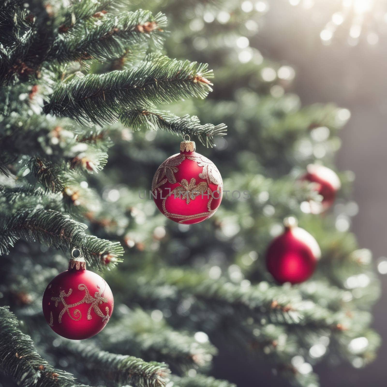 Close-UP of Christmas Tree, Red and Golden Ornaments against a Defocused Lights Background