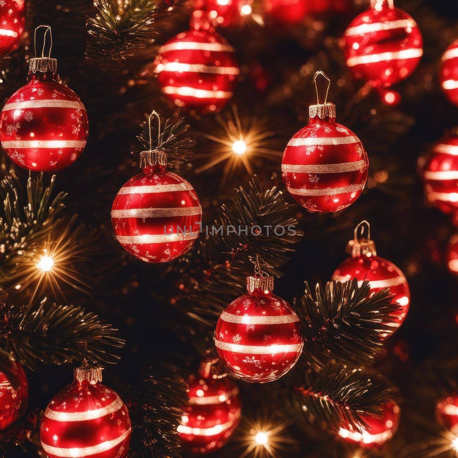 Close-UP of Christmas Tree, Red and Golden Ornaments against a Defocused Lights Background