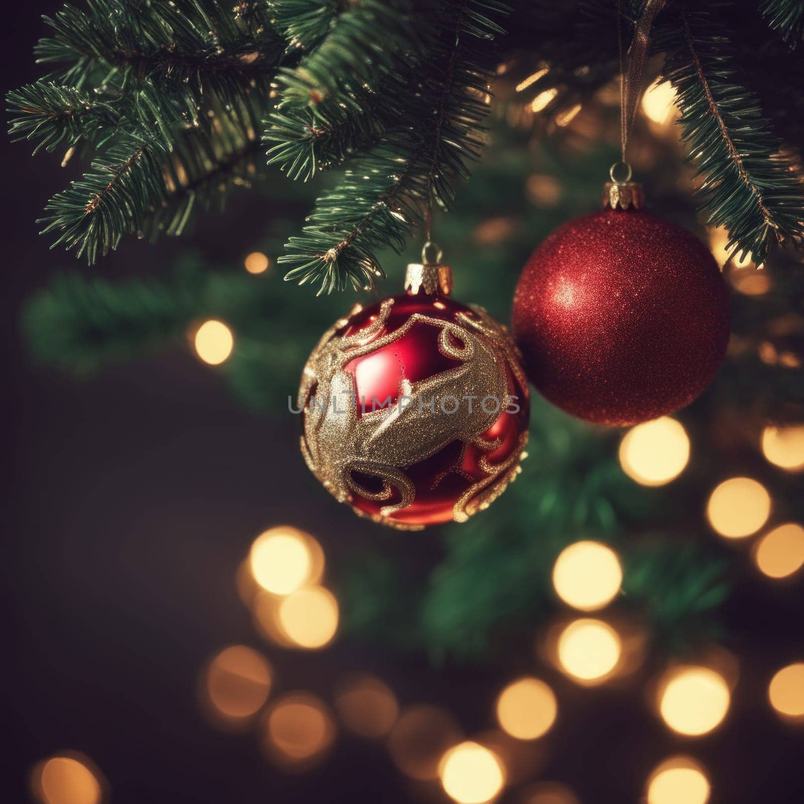 Close-UP of Christmas Tree, Red and Golden Ornaments against a Defocused Lights Background