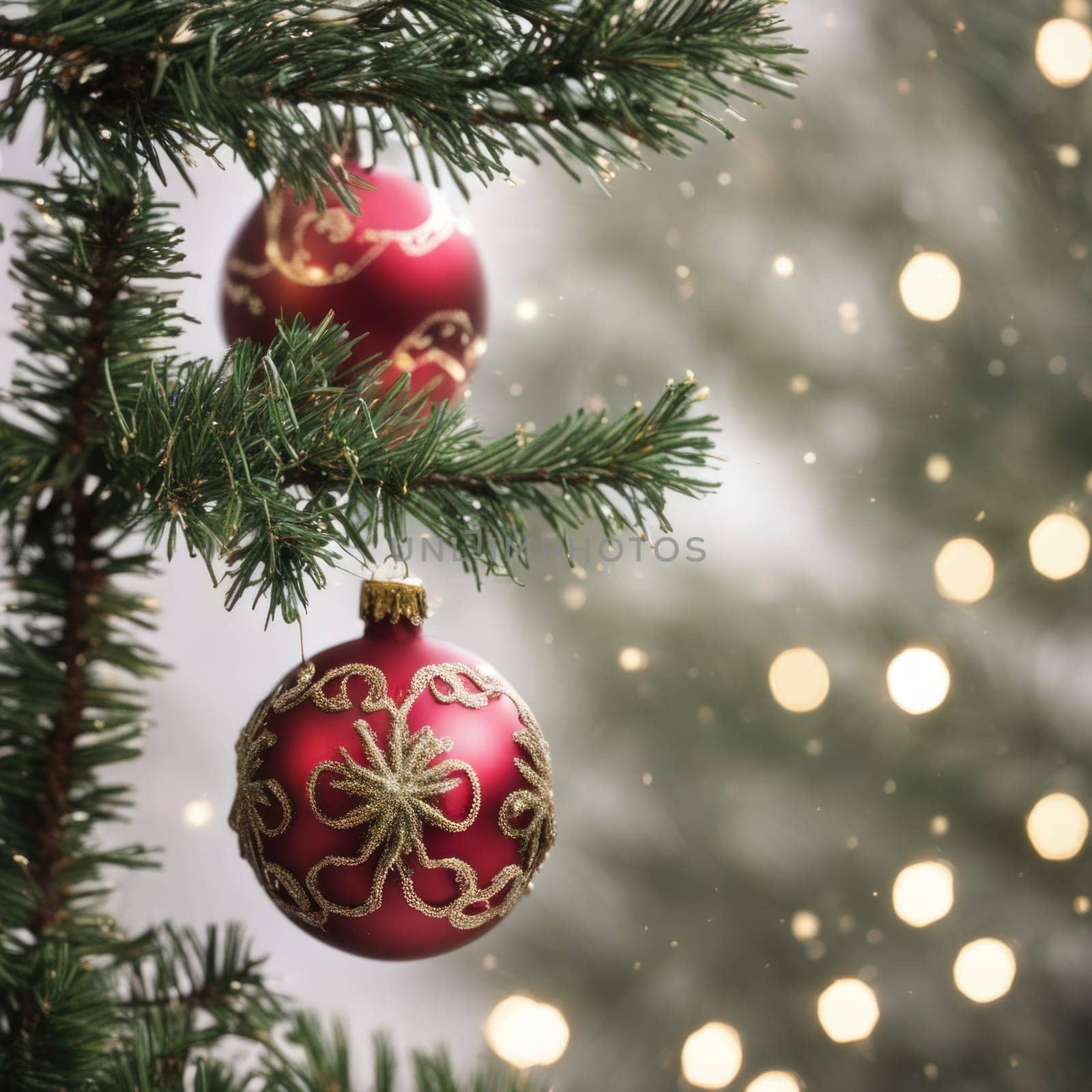 Close-UP of Christmas Tree, Red and Golden Ornaments against a Defocused Lights Background