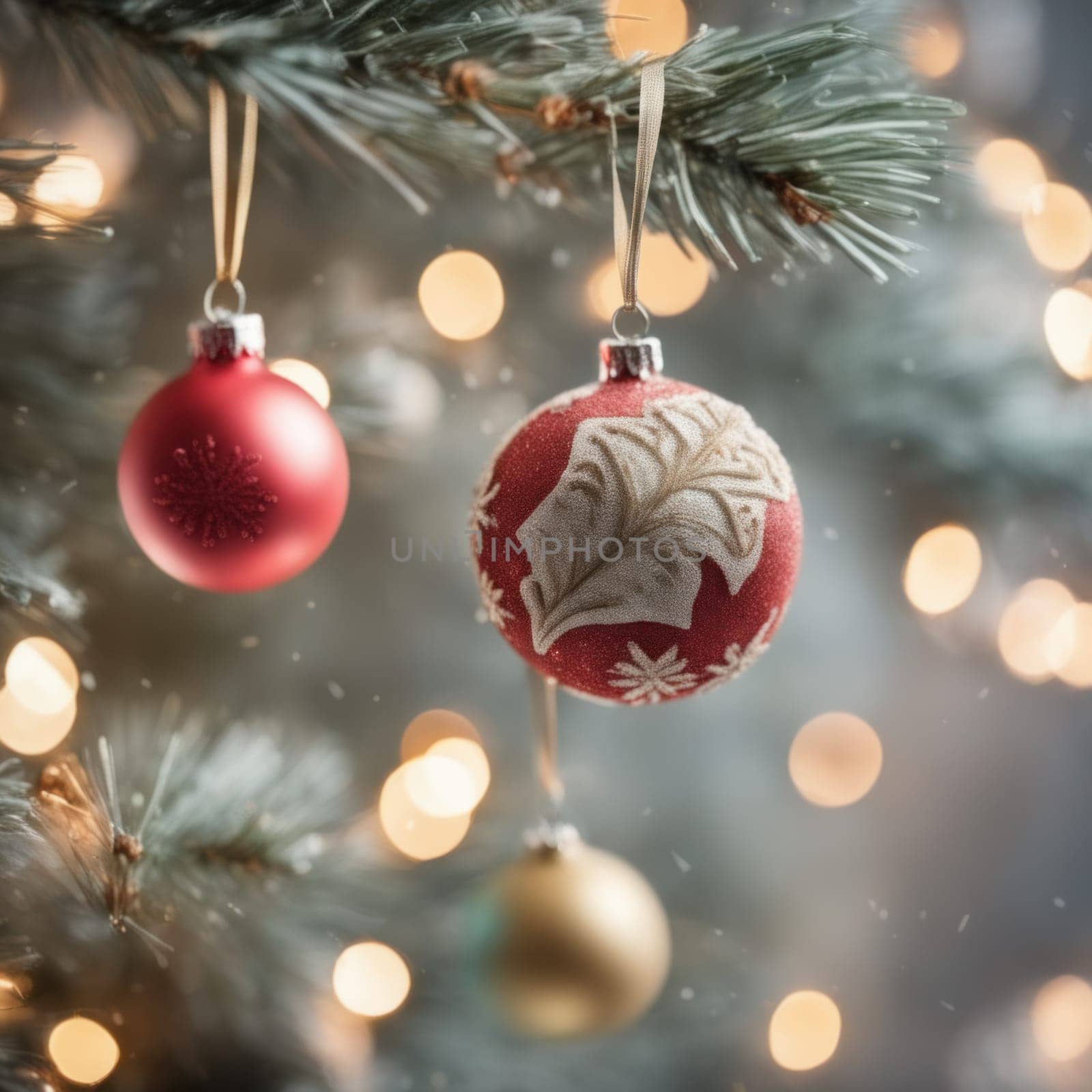 Close-UP of Christmas Tree, Red and Golden Ornaments against a Defocused Lights Background