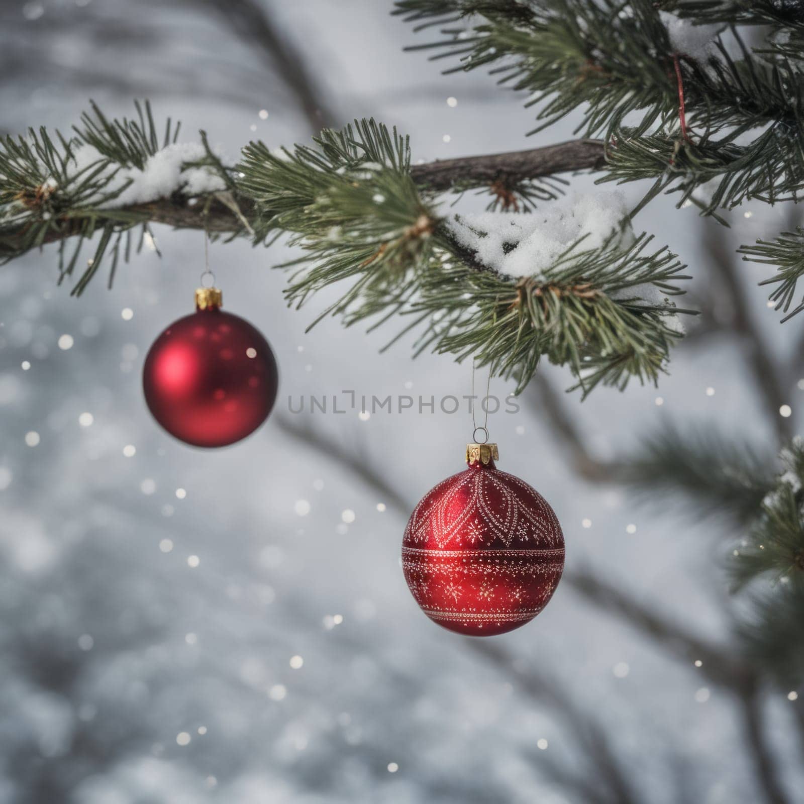 Close-UP of Christmas Tree, Red and Golden Ornaments against a Defocused Lights Background