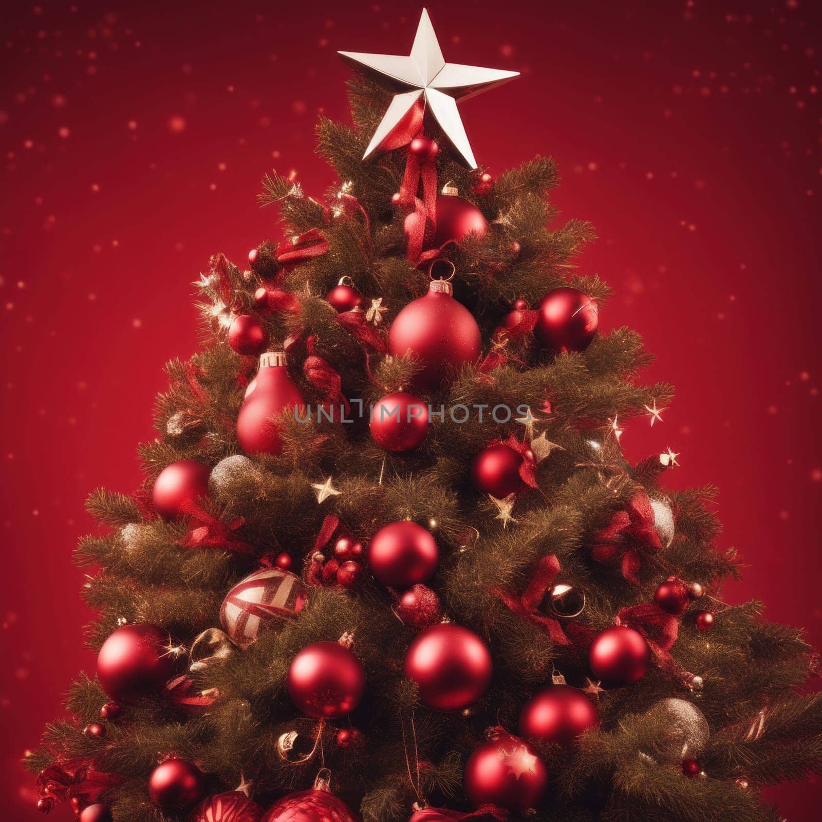 Close-UP of Christmas Tree, Red and Golden Ornaments against a Defocused Lights Background