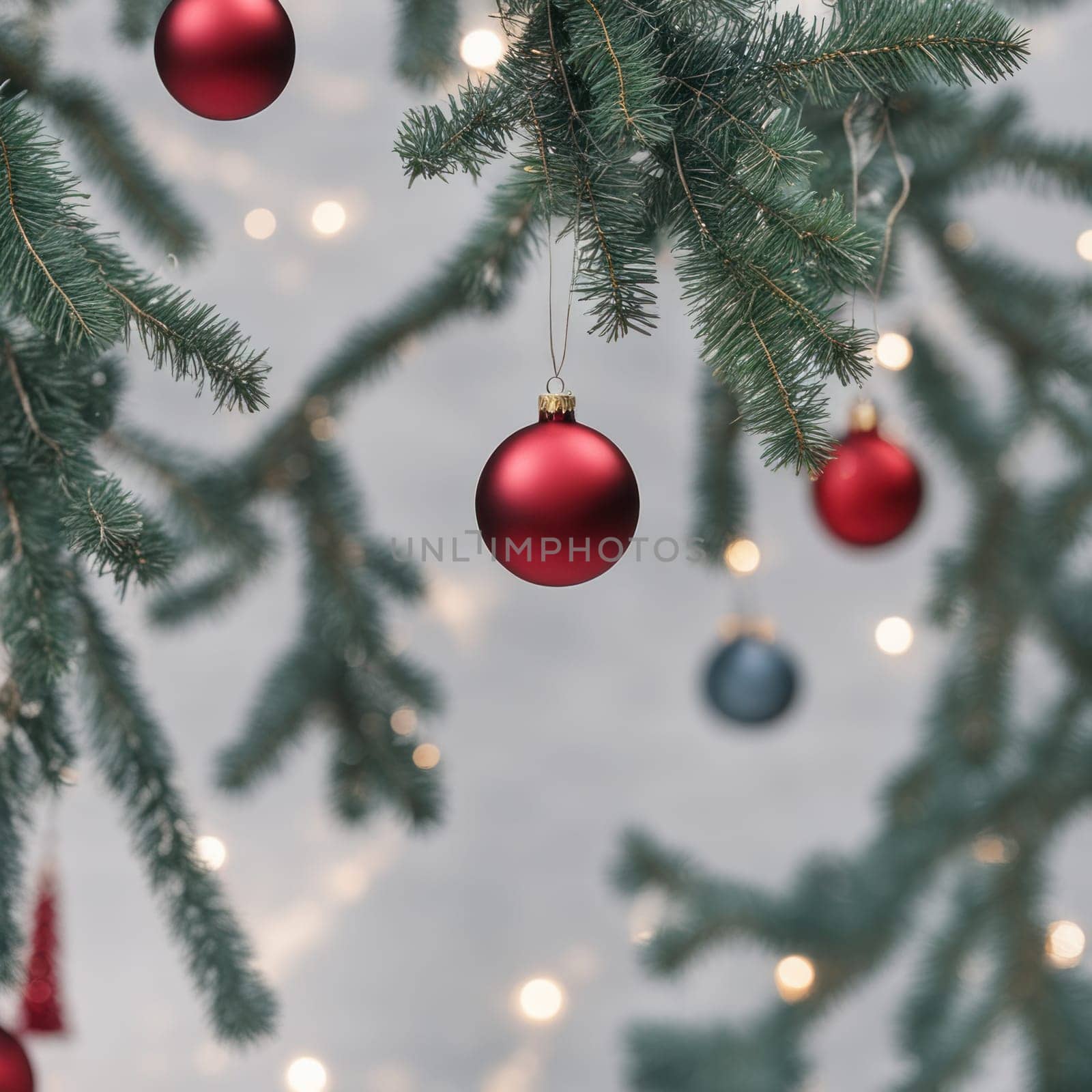 Close-UP of Christmas Tree, Red Ornaments against a Defocused Lights Background by shaadjutt36