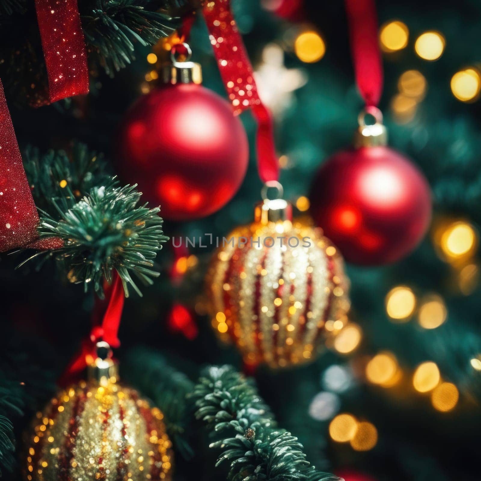 Close-UP of Christmas Tree, Red and Golden Ornaments against a Defocused Lights Background