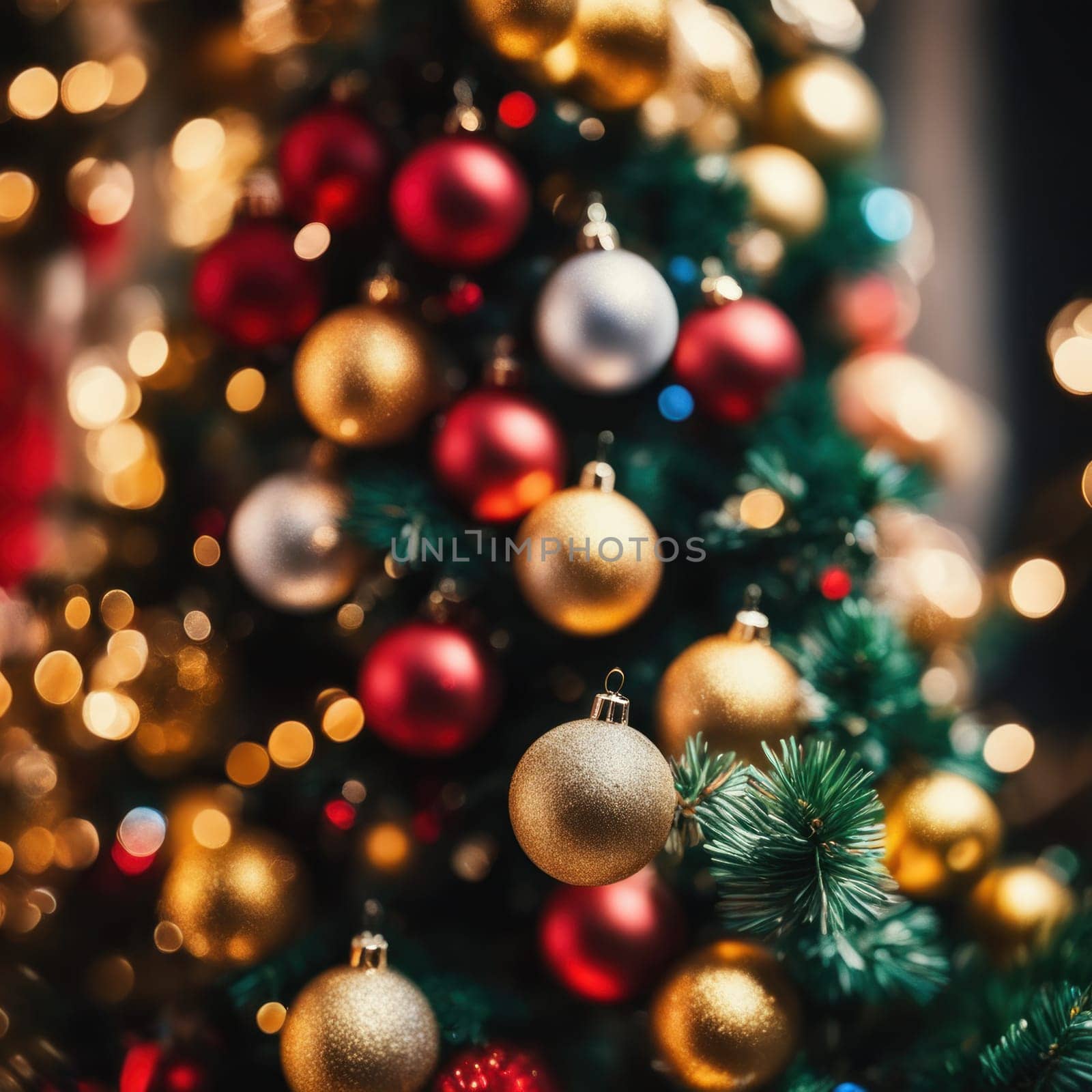 Close-UP of Christmas Tree, Red and Golden Ornaments against a Defocused Lights Background