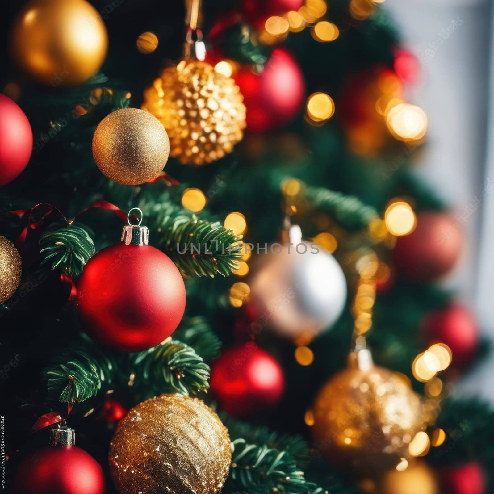 Close-UP of Christmas Tree, Red and Golden Ornaments against a Defocused Lights Background