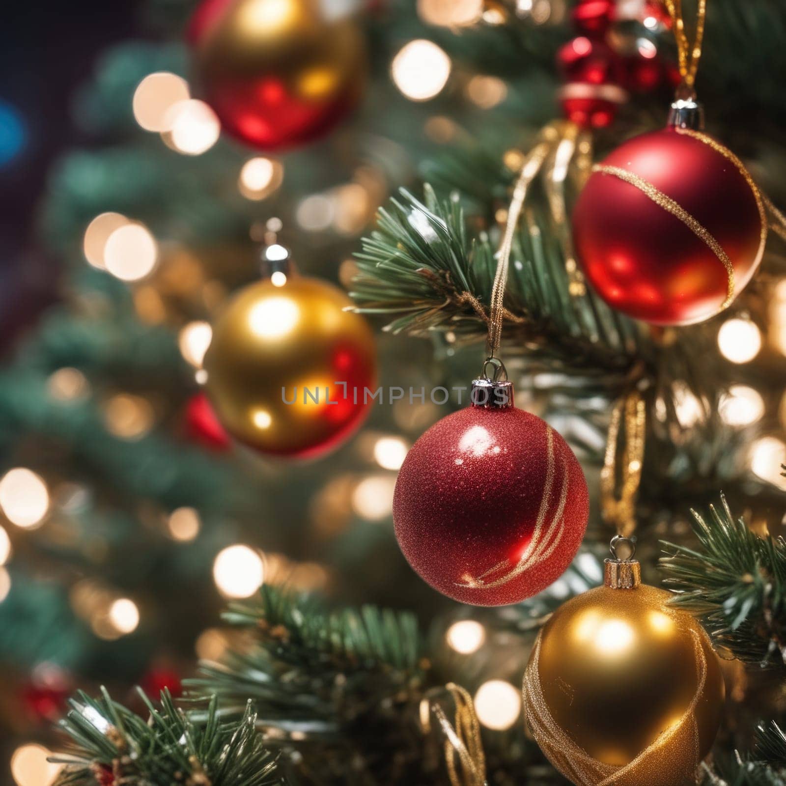 Close-UP of Christmas Tree, Red and Golden Ornaments against a Defocused Lights Background