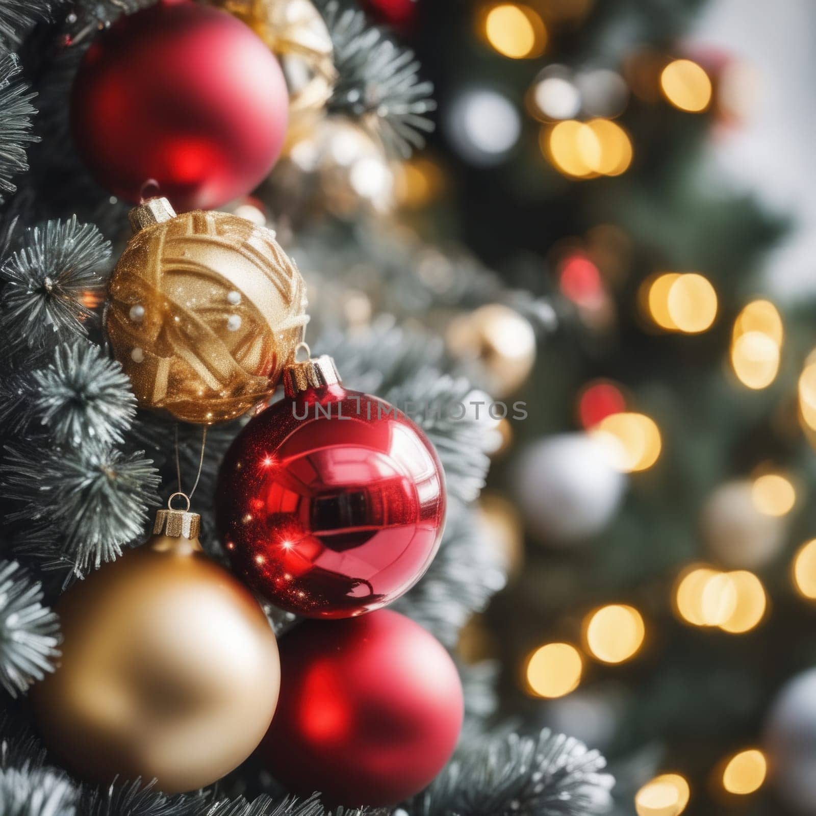 Close-UP of Christmas Tree, Red and Golden Ornaments against a Defocused Lights Background