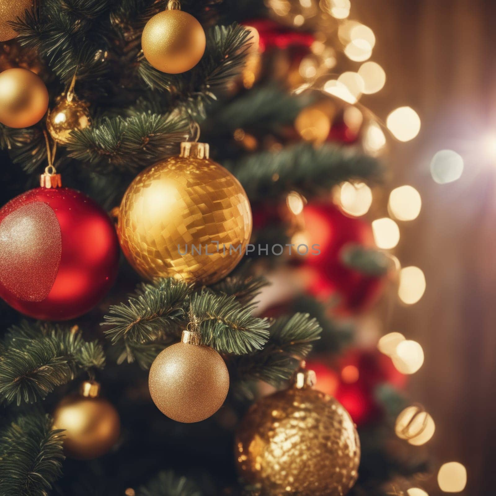 Close-UP of Christmas Tree, Red and Golden Ornaments against a Defocused Lights Background