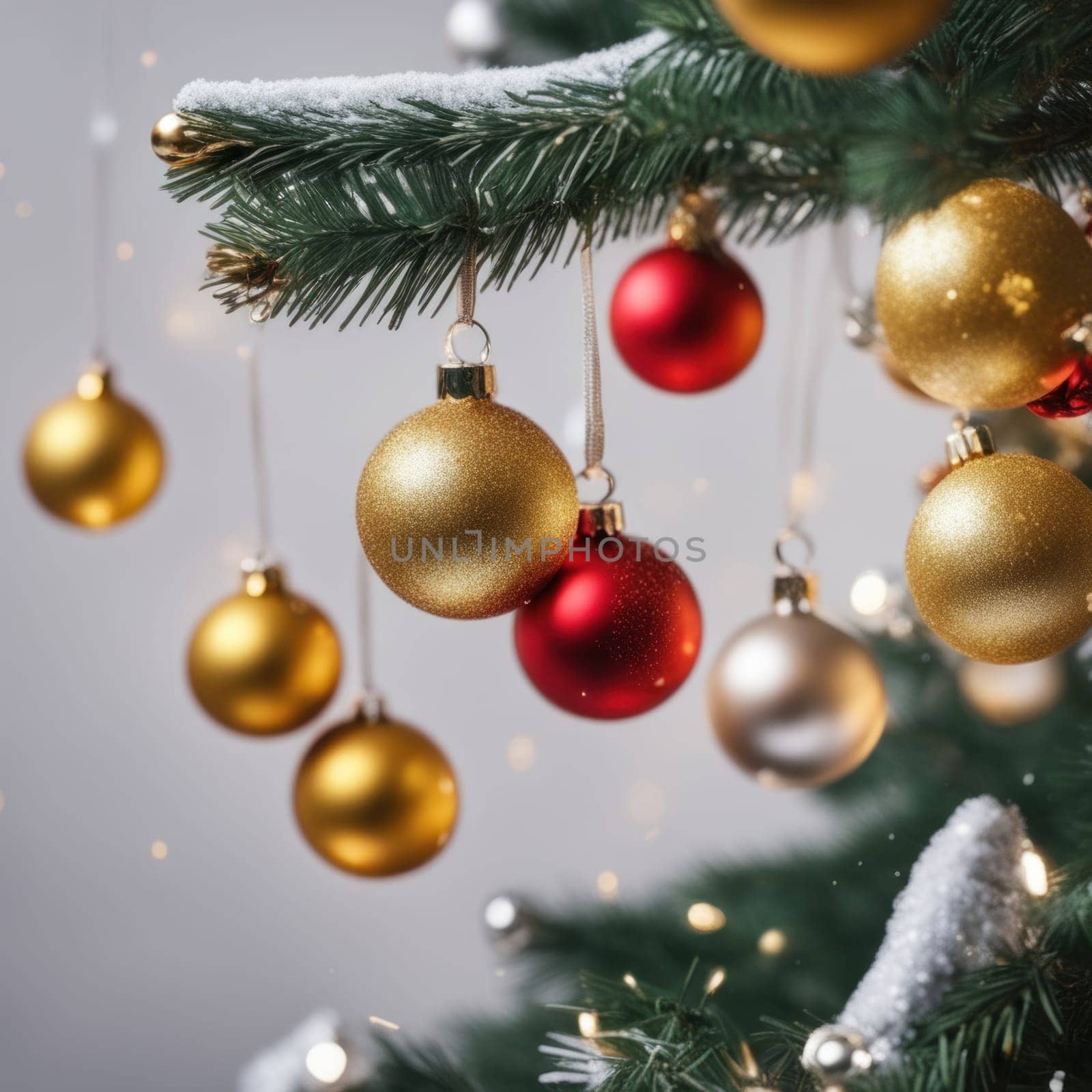 Close-UP of Christmas Tree, Red and Golden Ornaments against a Defocused Lights Background