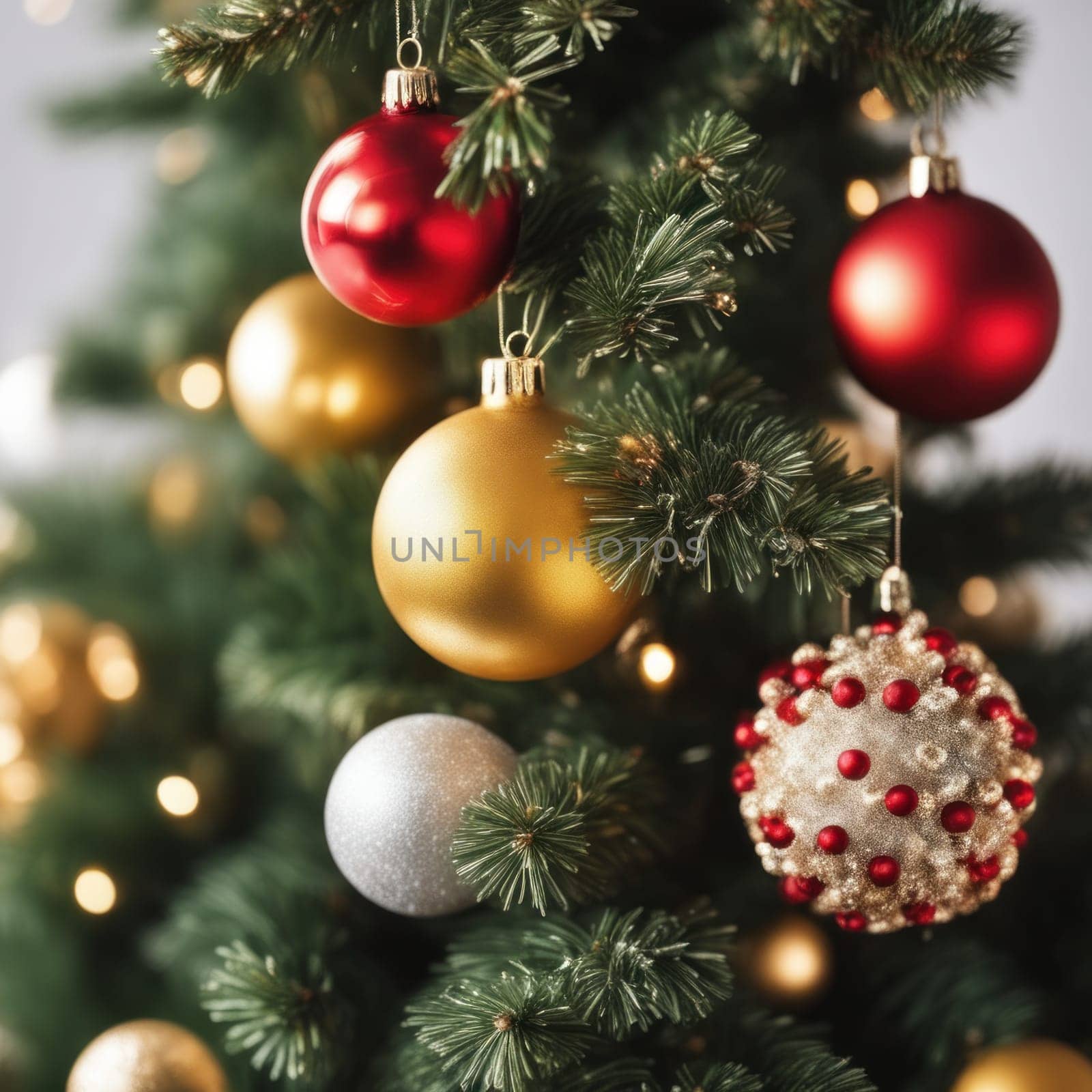 Close-UP of Christmas Tree, Red and Golden Ornaments against a Defocused Lights Background