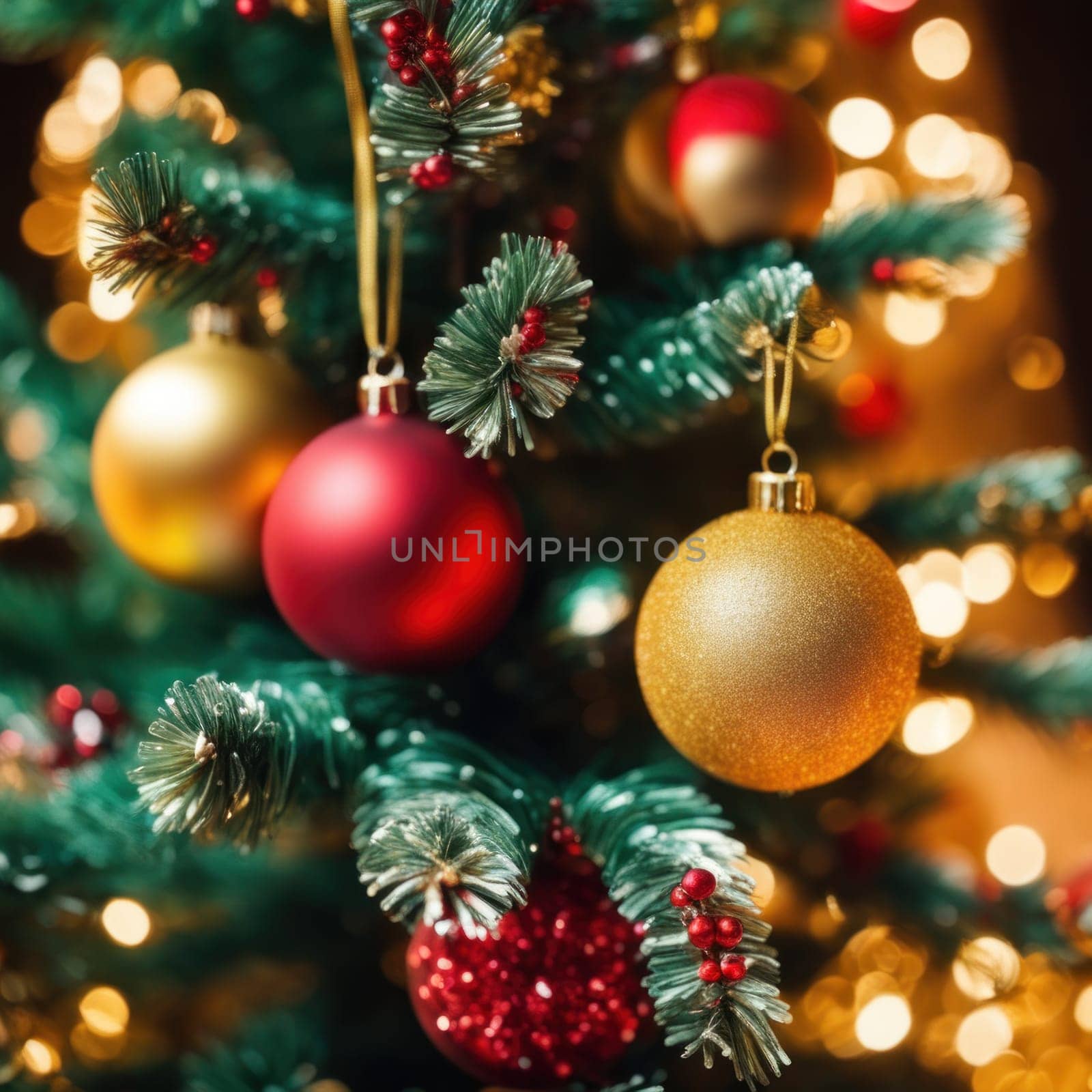 Close-UP of Christmas Tree, Red and Golden Ornaments against a Defocused Lights Background