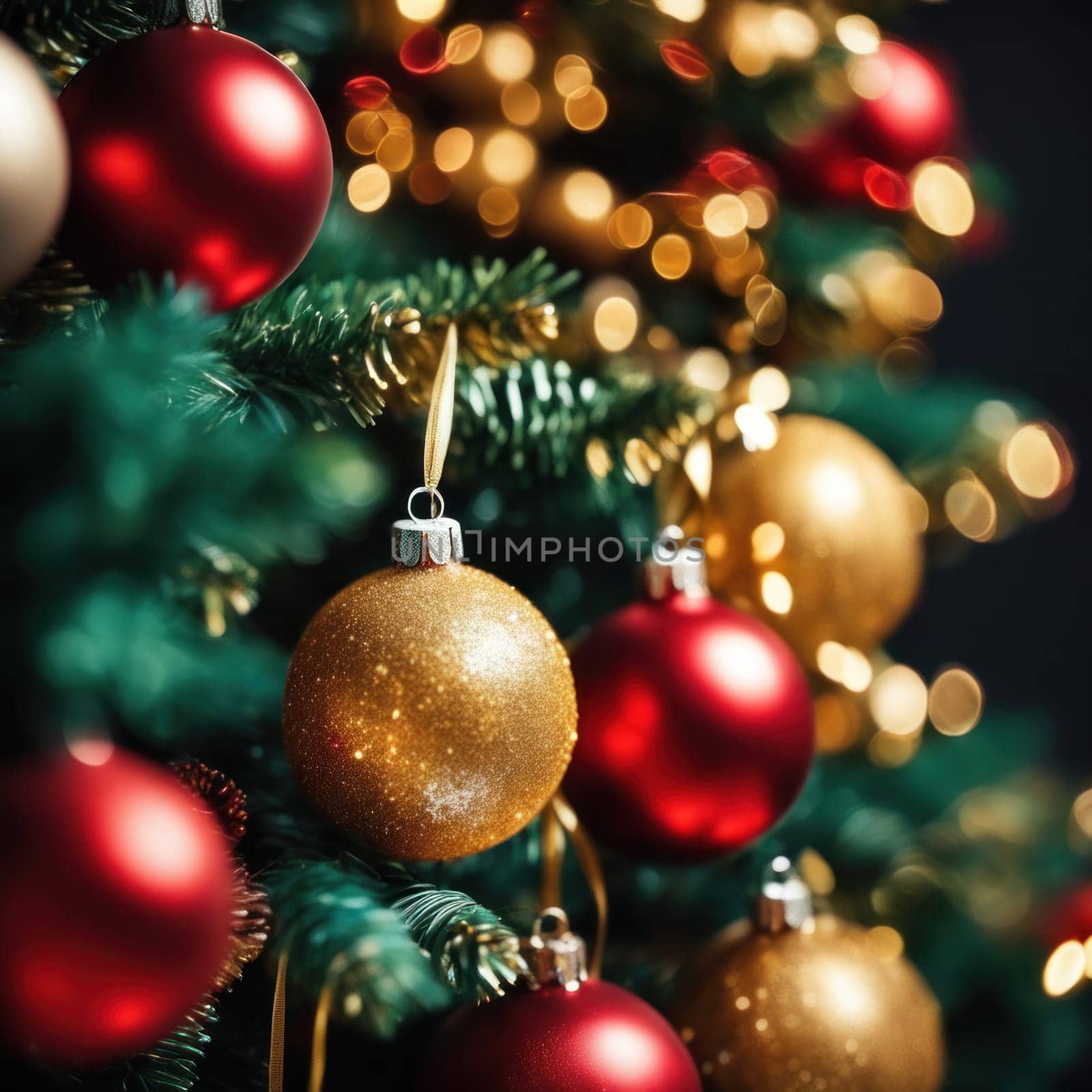 Close-UP of Christmas Tree, Red and Golden Ornaments against a Defocused Lights Background